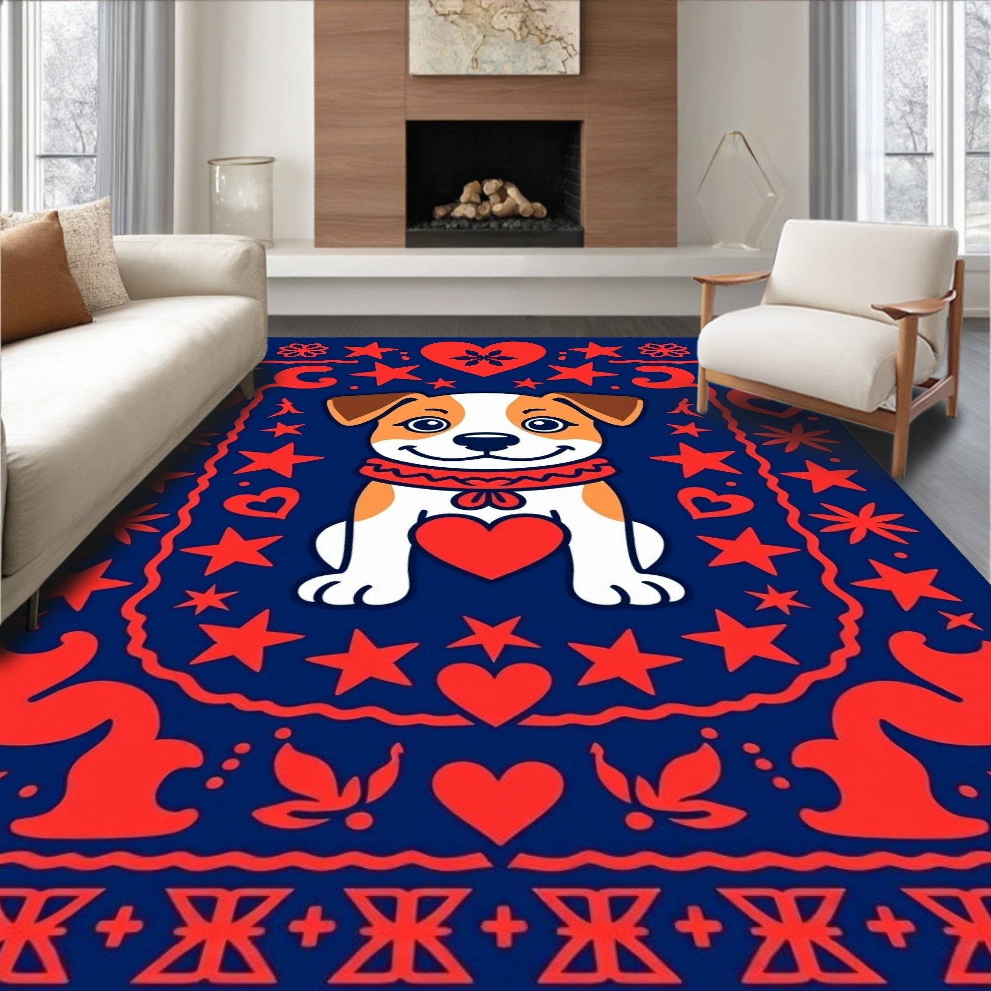 Cute Dog Hearts Stars Blue Rug