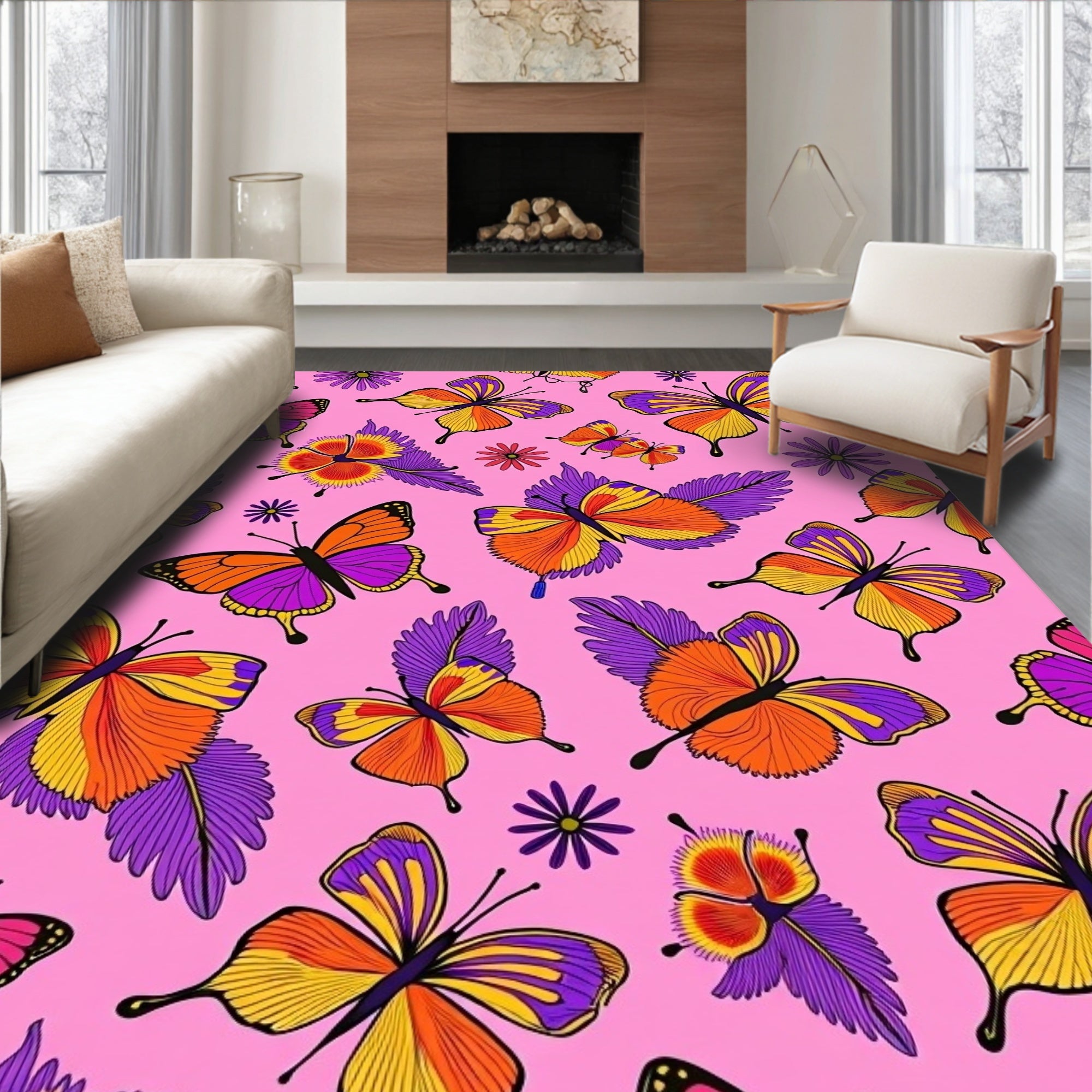 Vibrant Butterfly Garden Pink Background Rug