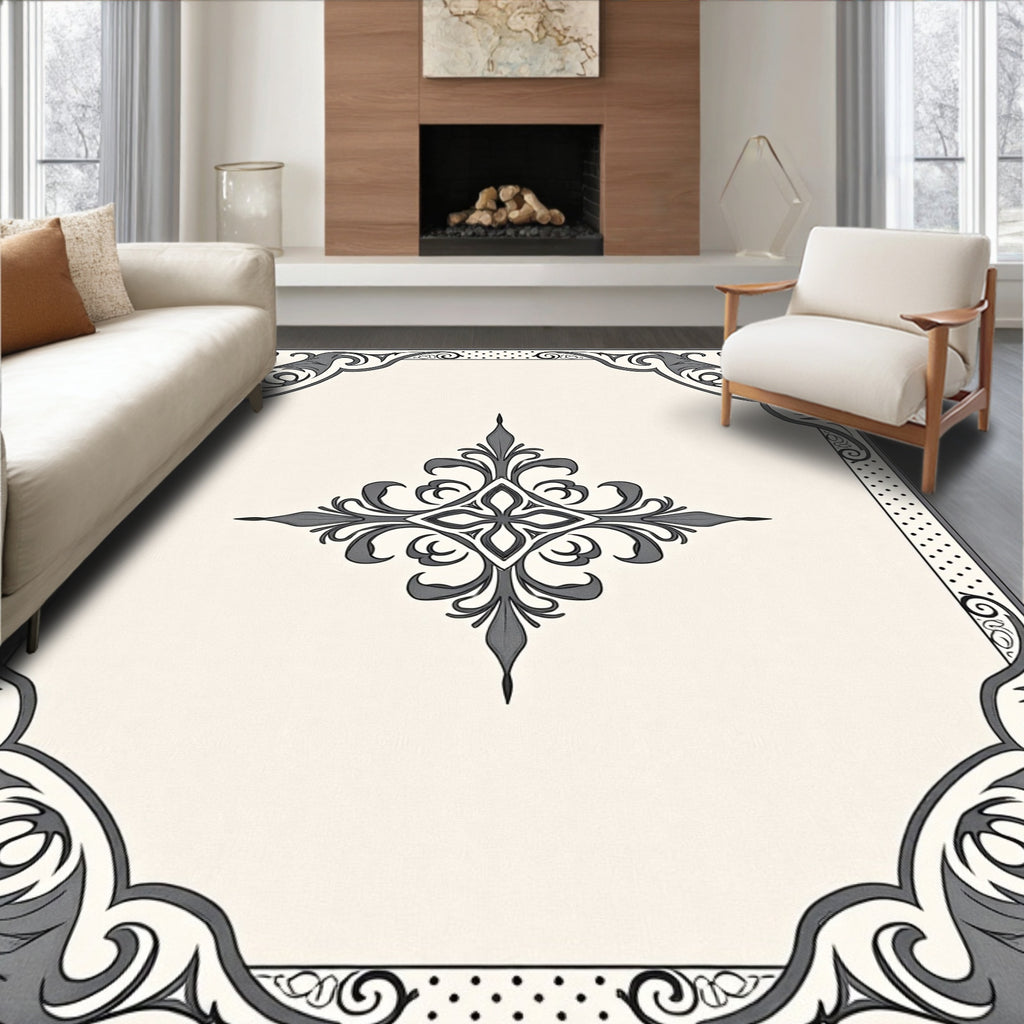 Ornate Cream and Gray Scrollwork Rug