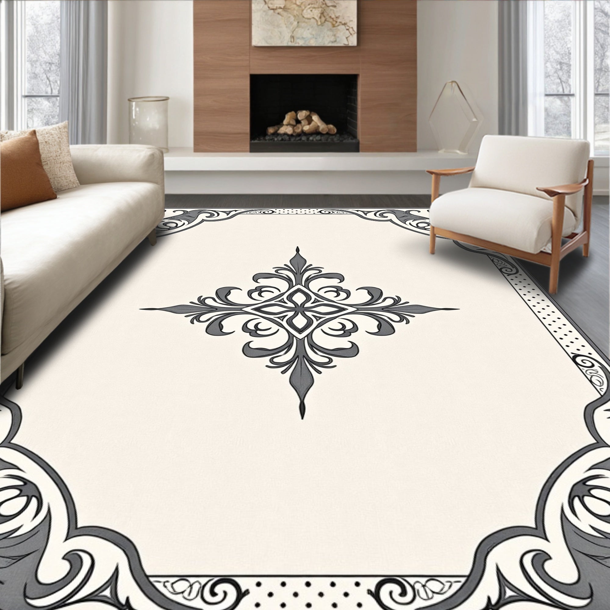 Ornate Cream and Gray Scrollwork Rug