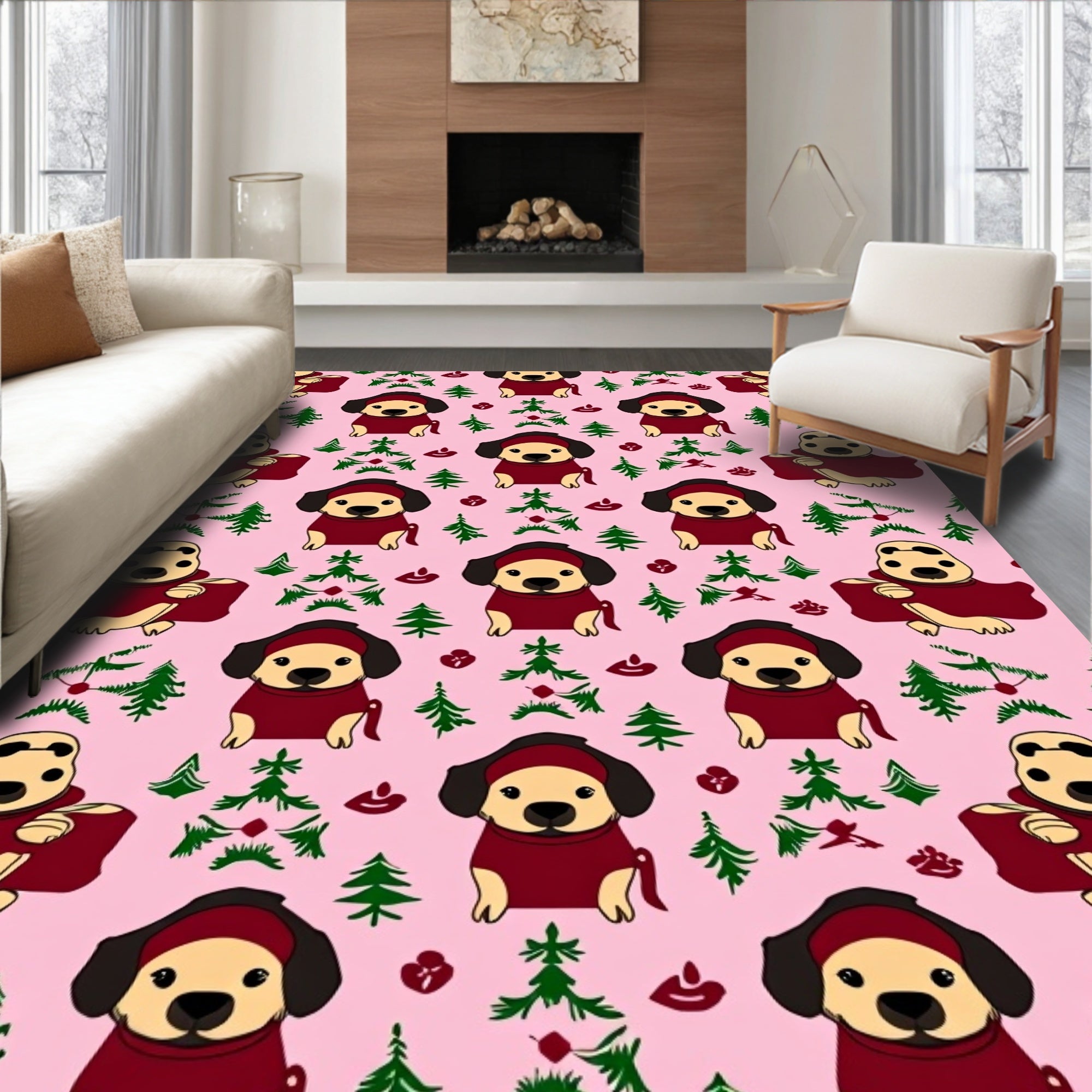 Cute Pink Puppy Christmas Trees Rug