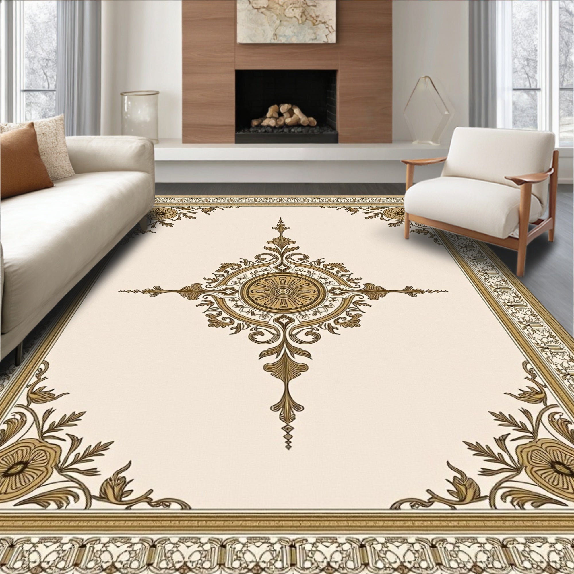 Golden Floral Medallion Frame Rug
