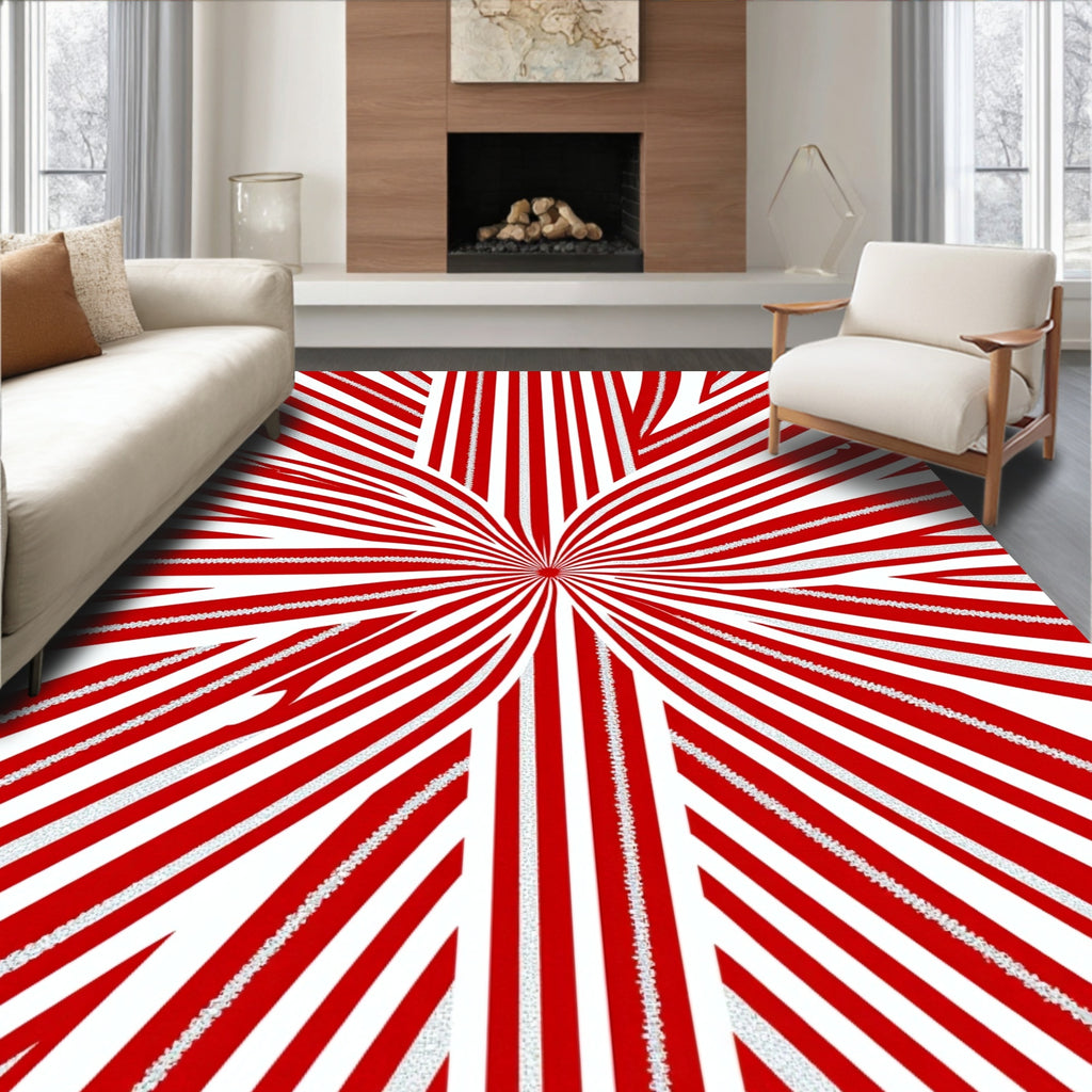 Radiating Red White Stripe Starburst Rug