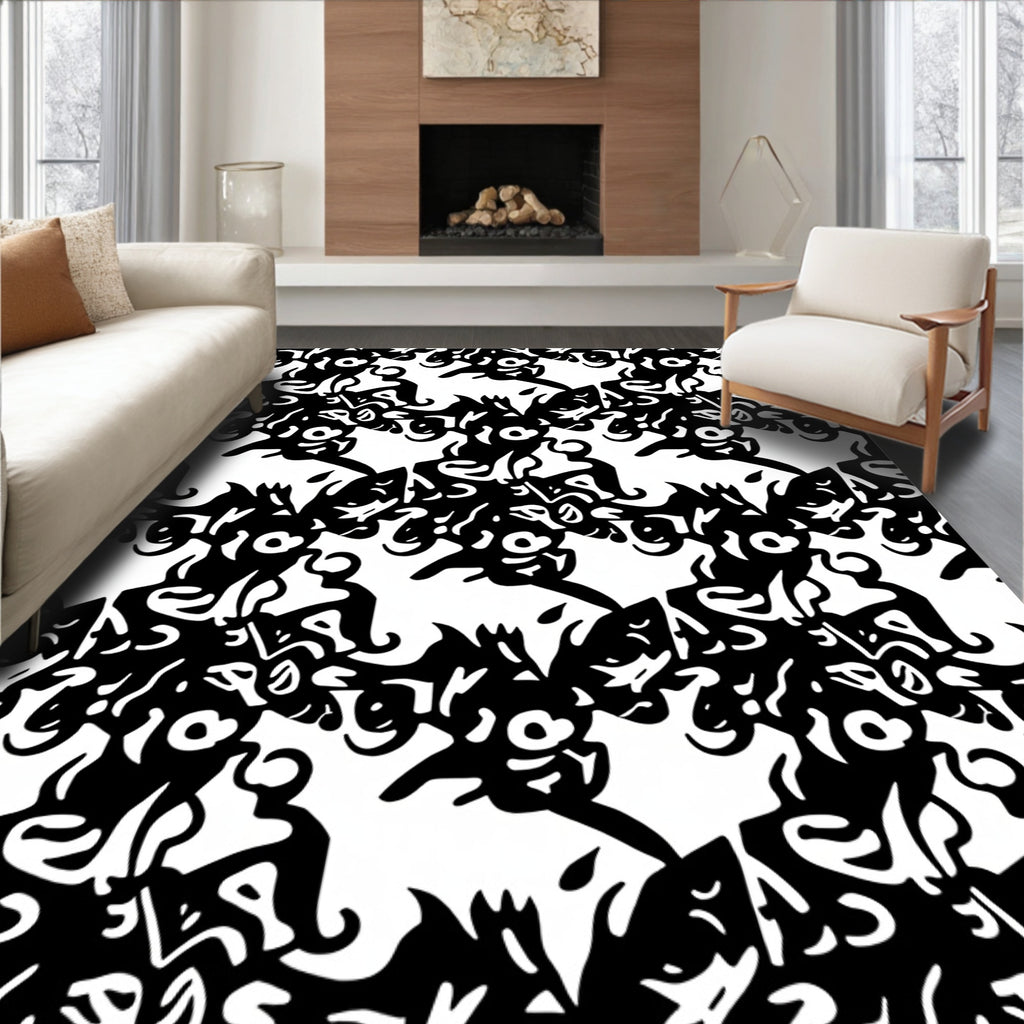 Abstract Black White Whimsical Creatures Rug
