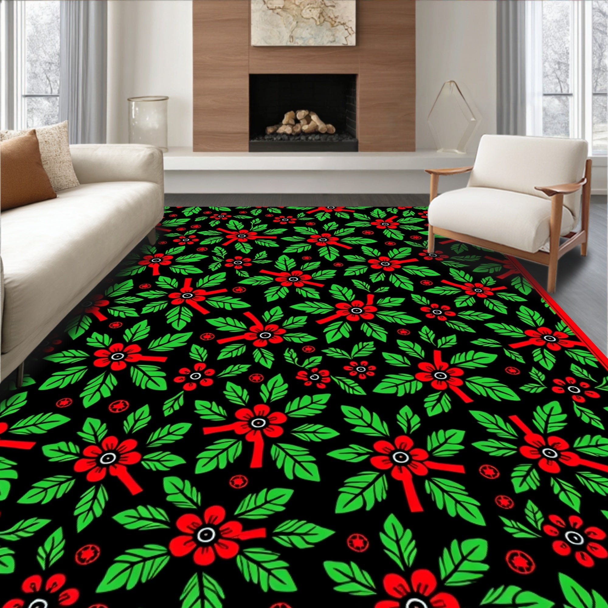 Red Green Floral Leaf Arrangement Rug