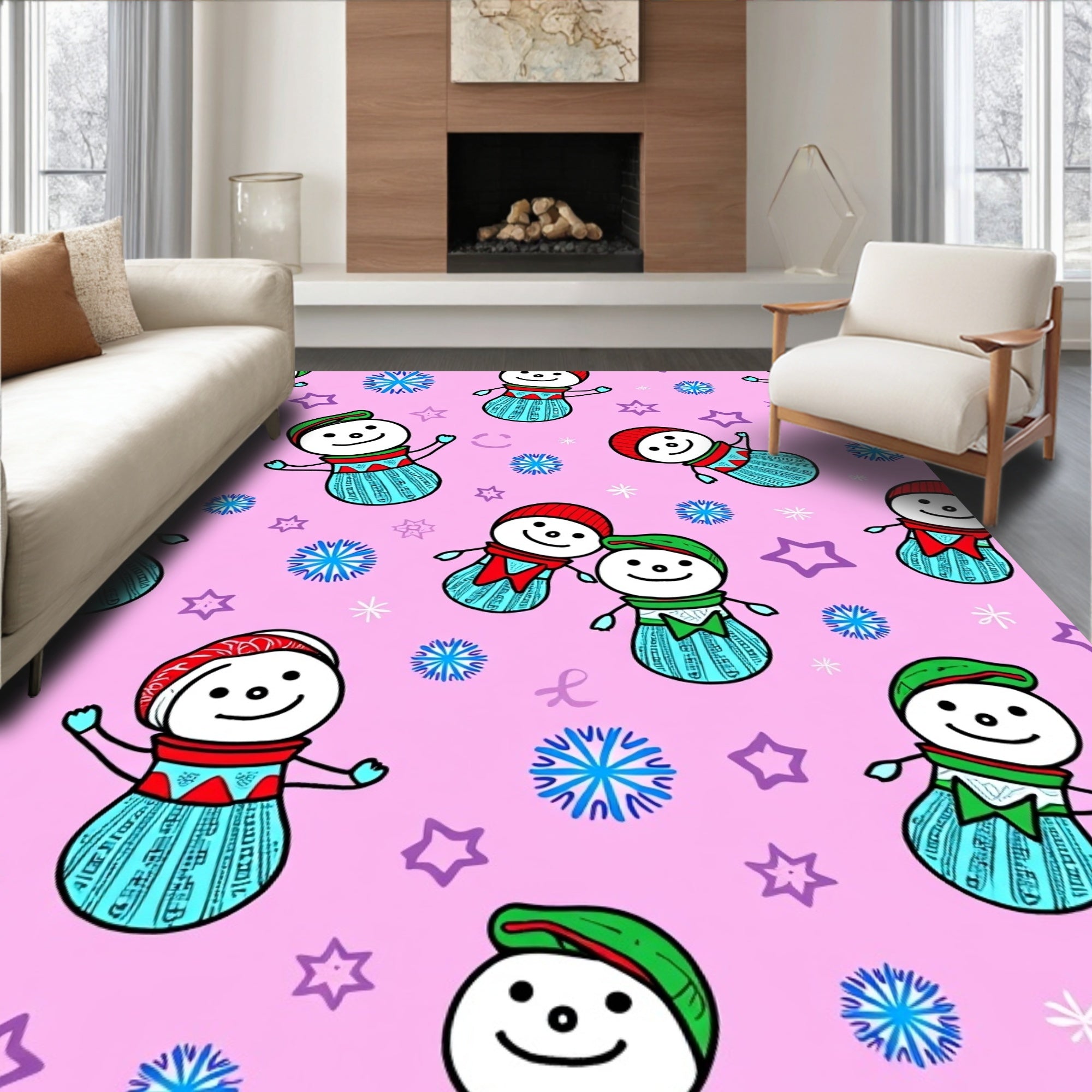 Pink Snowman And Snowflake Winter Wonder Rug
