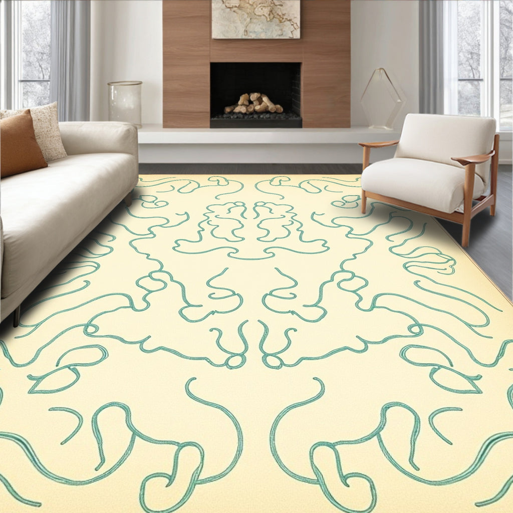 Cream Teal Abstract Organic Loops Rug
