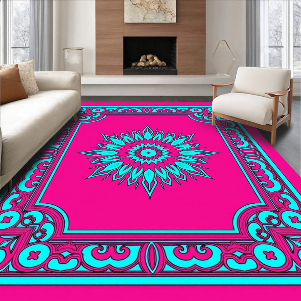 Vibrant Pink Cyan Medallion Frame Rug