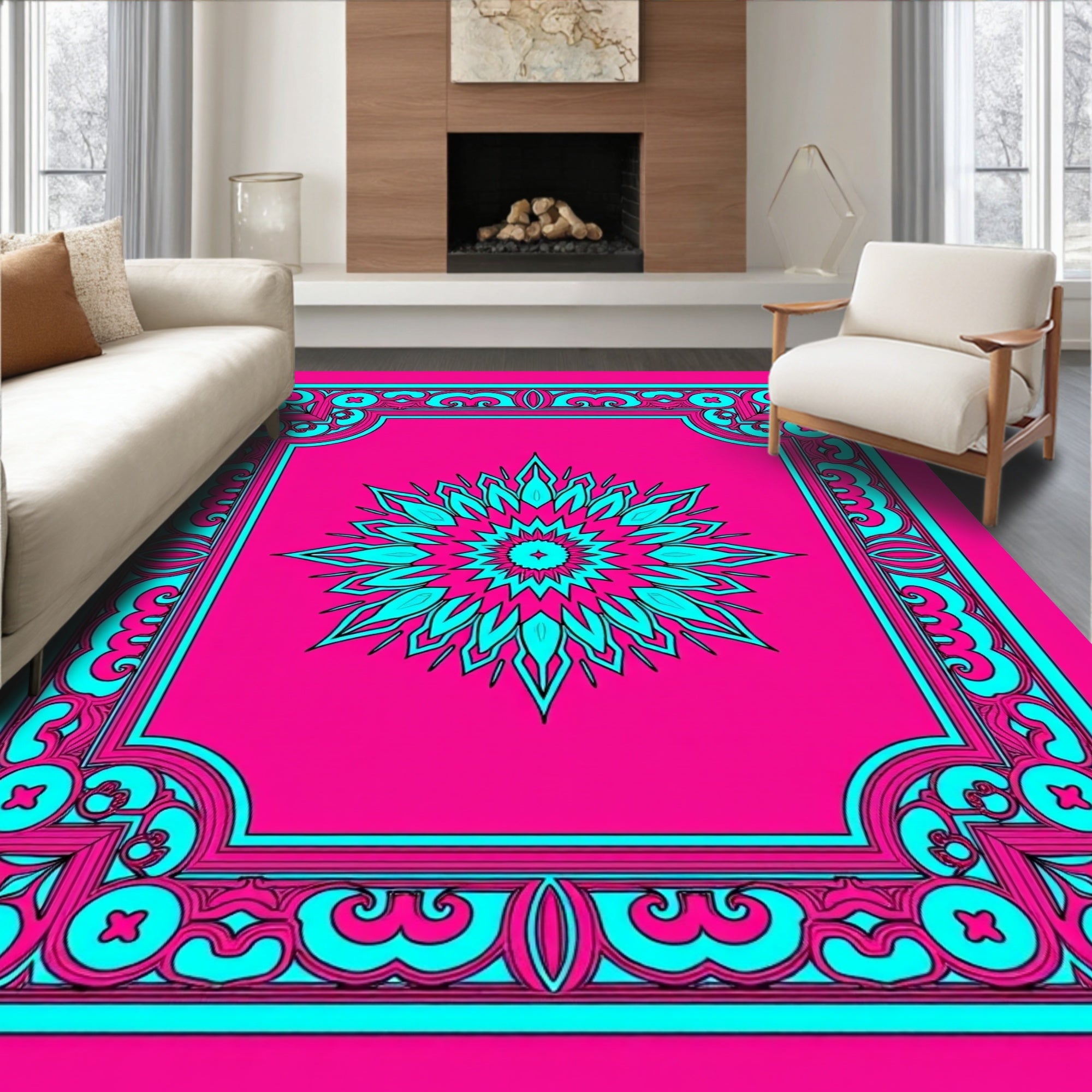 Vibrant Pink Cyan Medallion Frame Rug