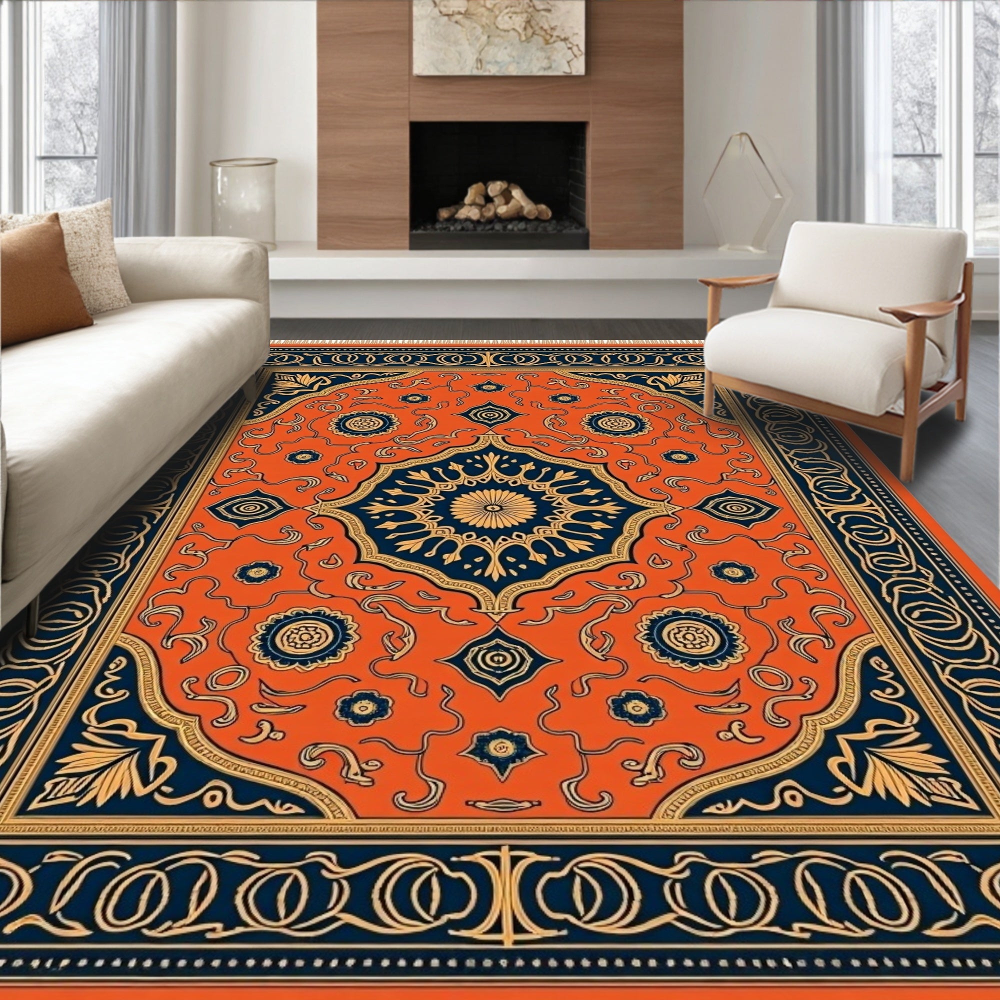 Orange Indigo Floral Medallion Rug