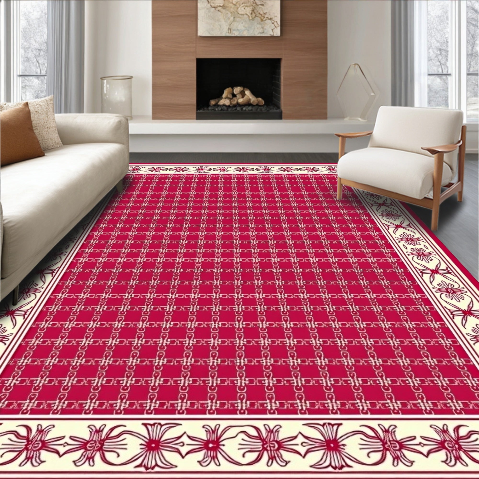 Crimson Ivory Chain Link Border Rug