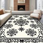 Black and White Floral Medallion Bordered Rug