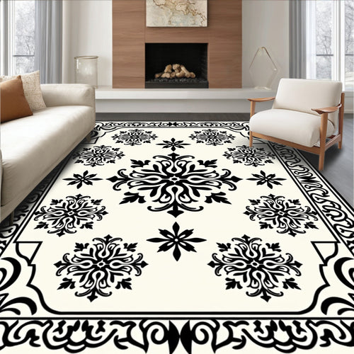 Black and White Floral Medallion Bordered Rug