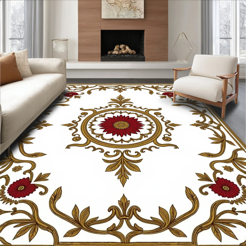 Crimson Floral Gold Vine Medallion Rug