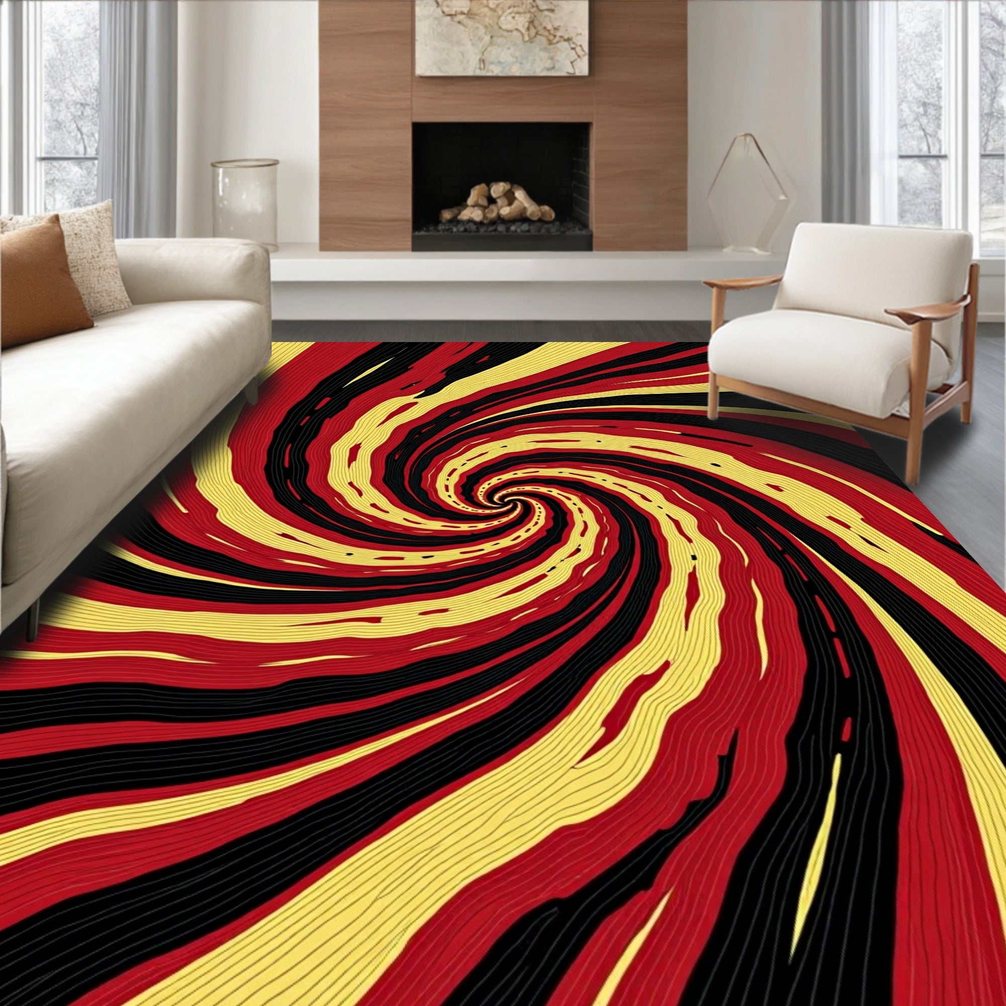 Bold Red Yellow Swirling Tunnel Rug