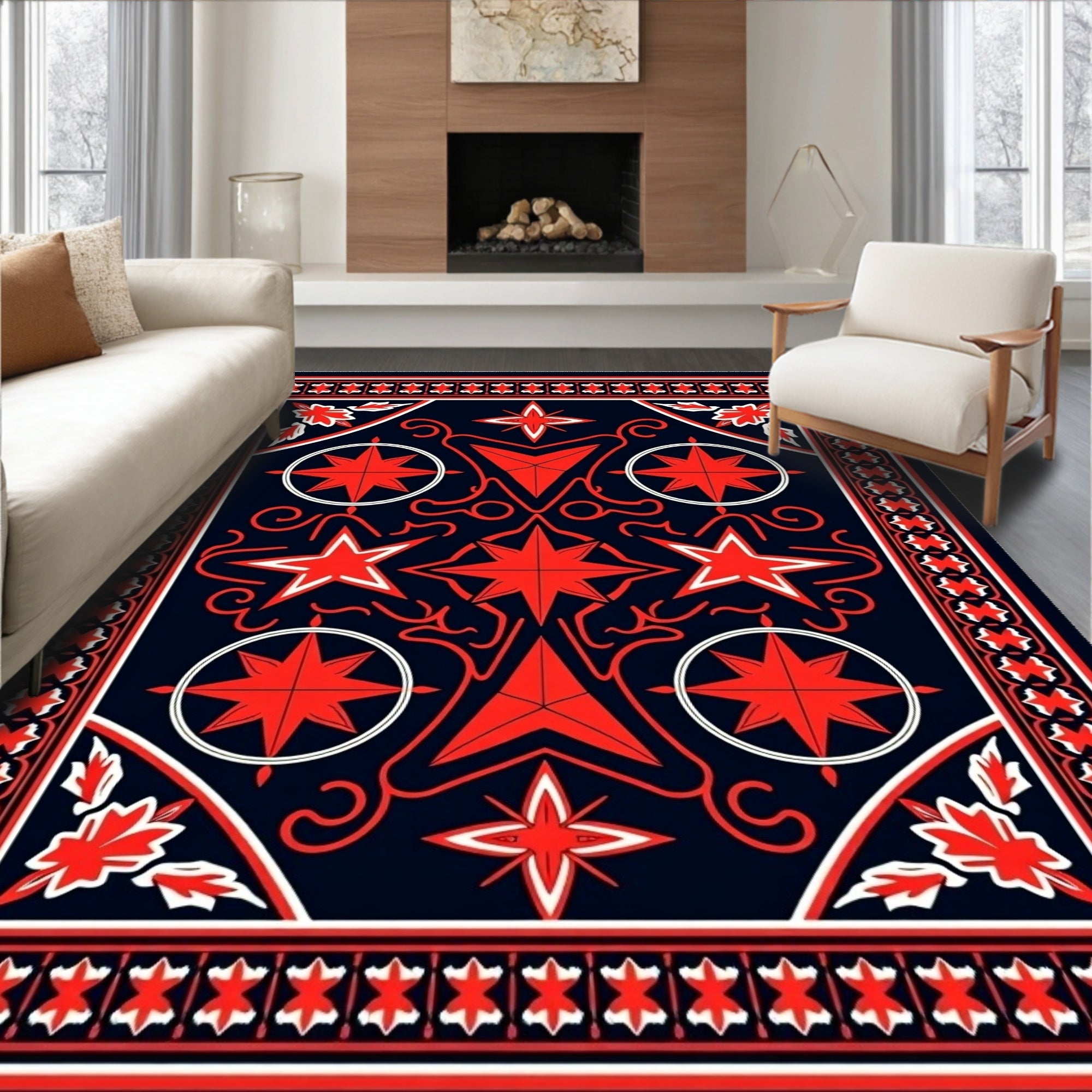 Bold Red Geometric Star Medallion Rug