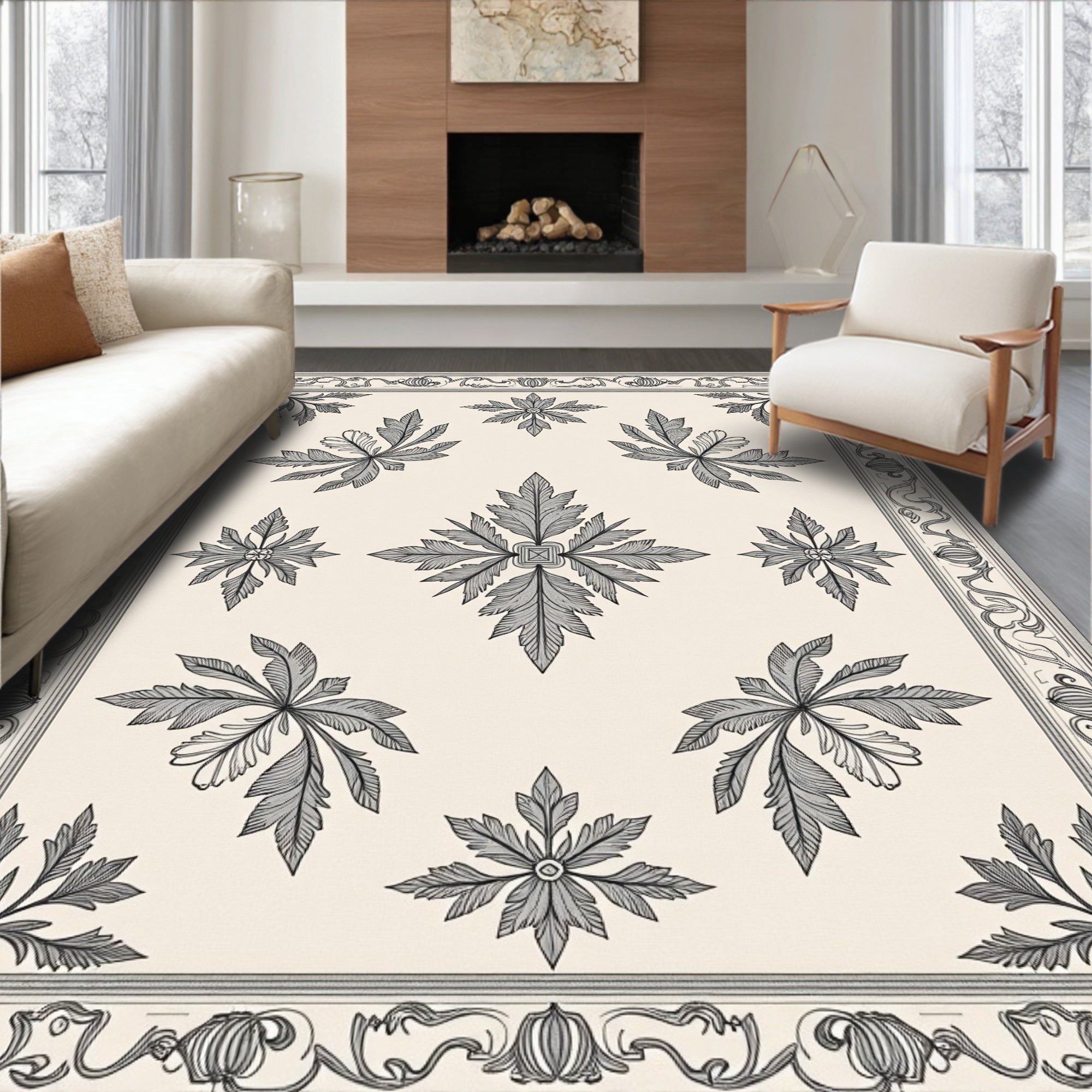 Ornate Beige Leaf Medallion Border Rug