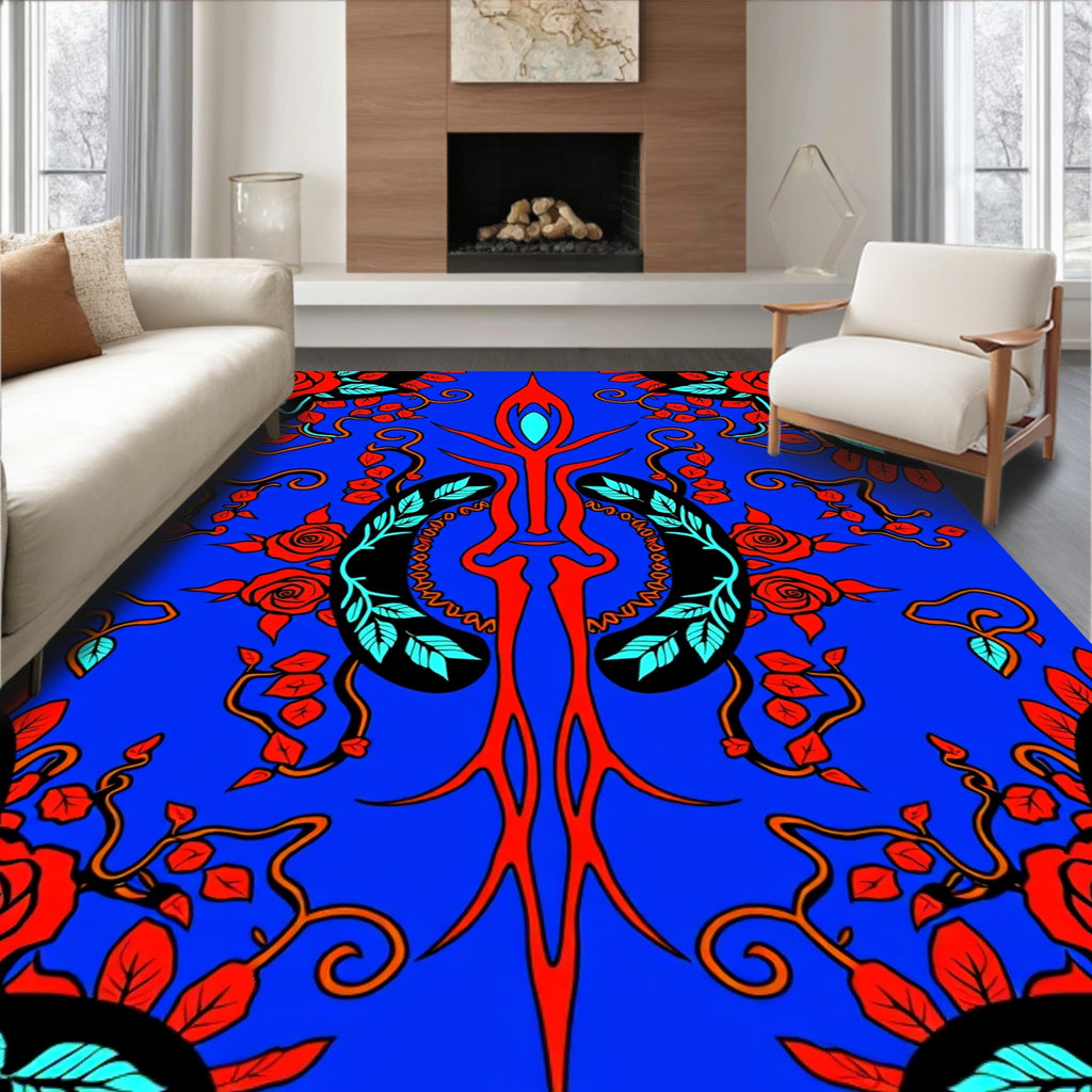 Vibrant Red Rose Black Swirl Rug