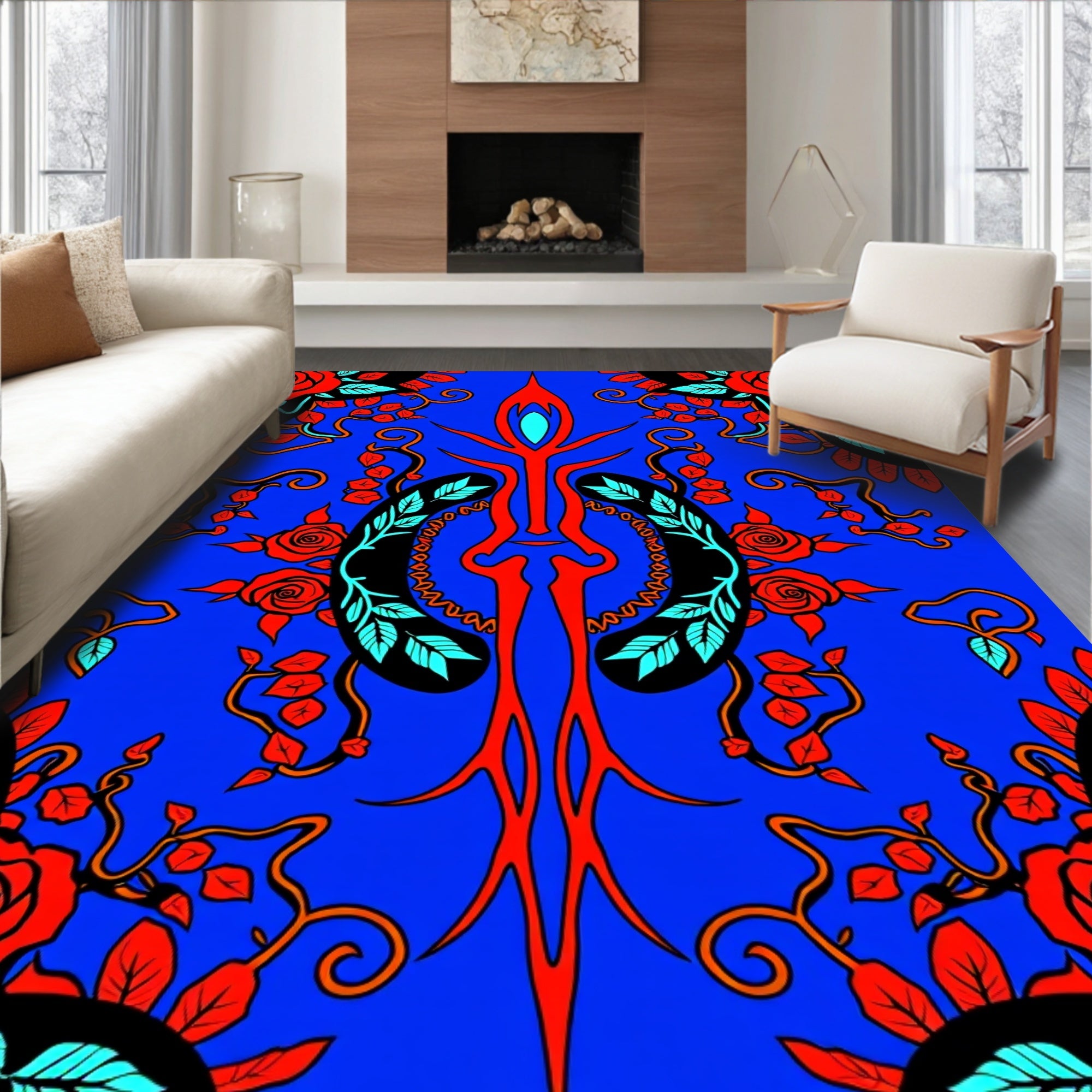 Vibrant Red Rose Black Swirl Rug