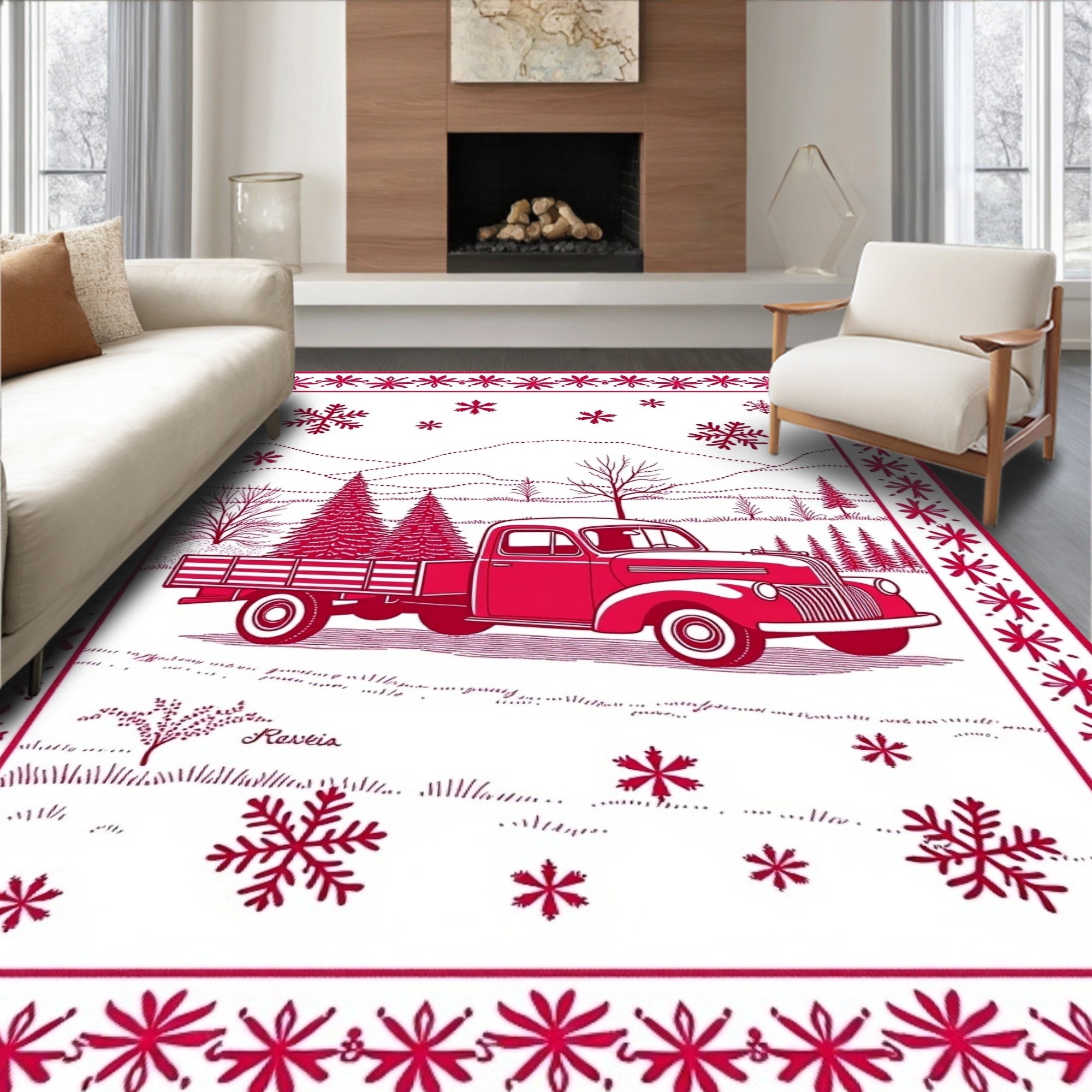 Vintage Red Truck Snowflake Scene Rug