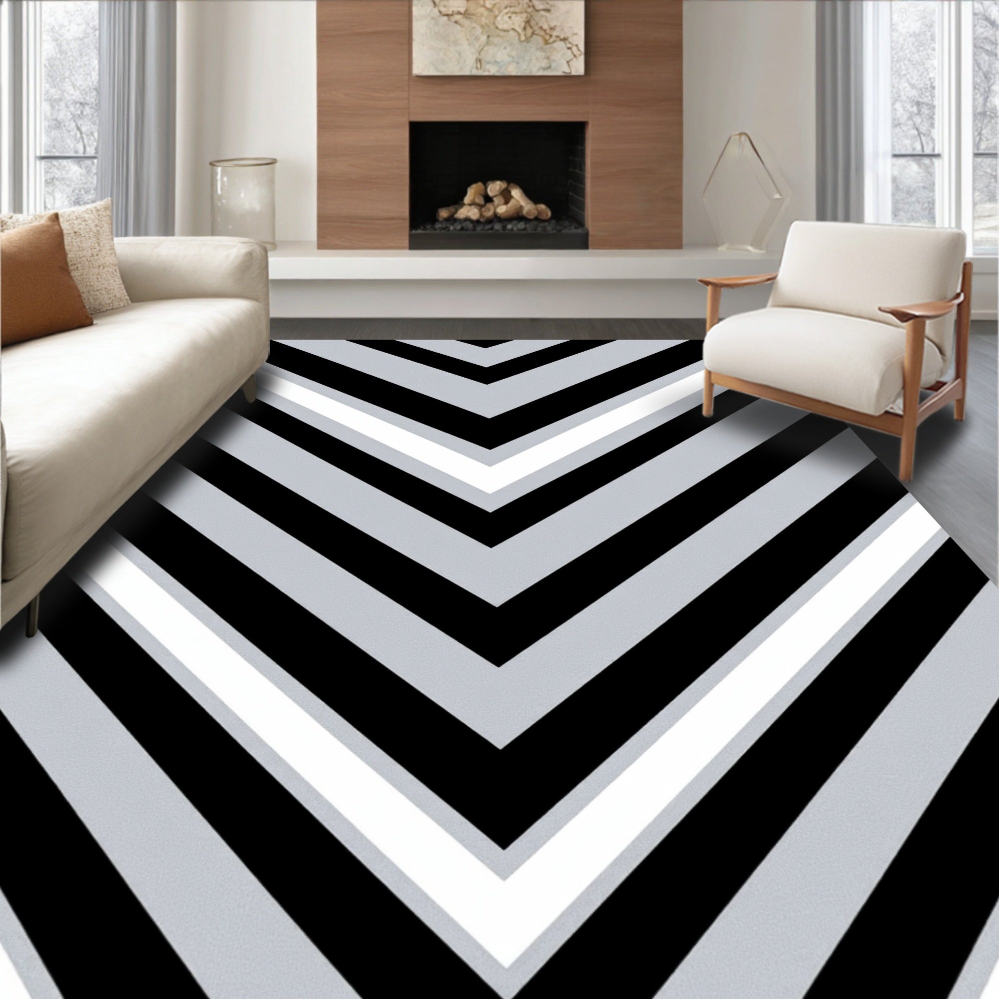 Modern Geometric Black Gray Chevron Rug