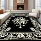Black White Cream Scrollwork Medallion Border Rug