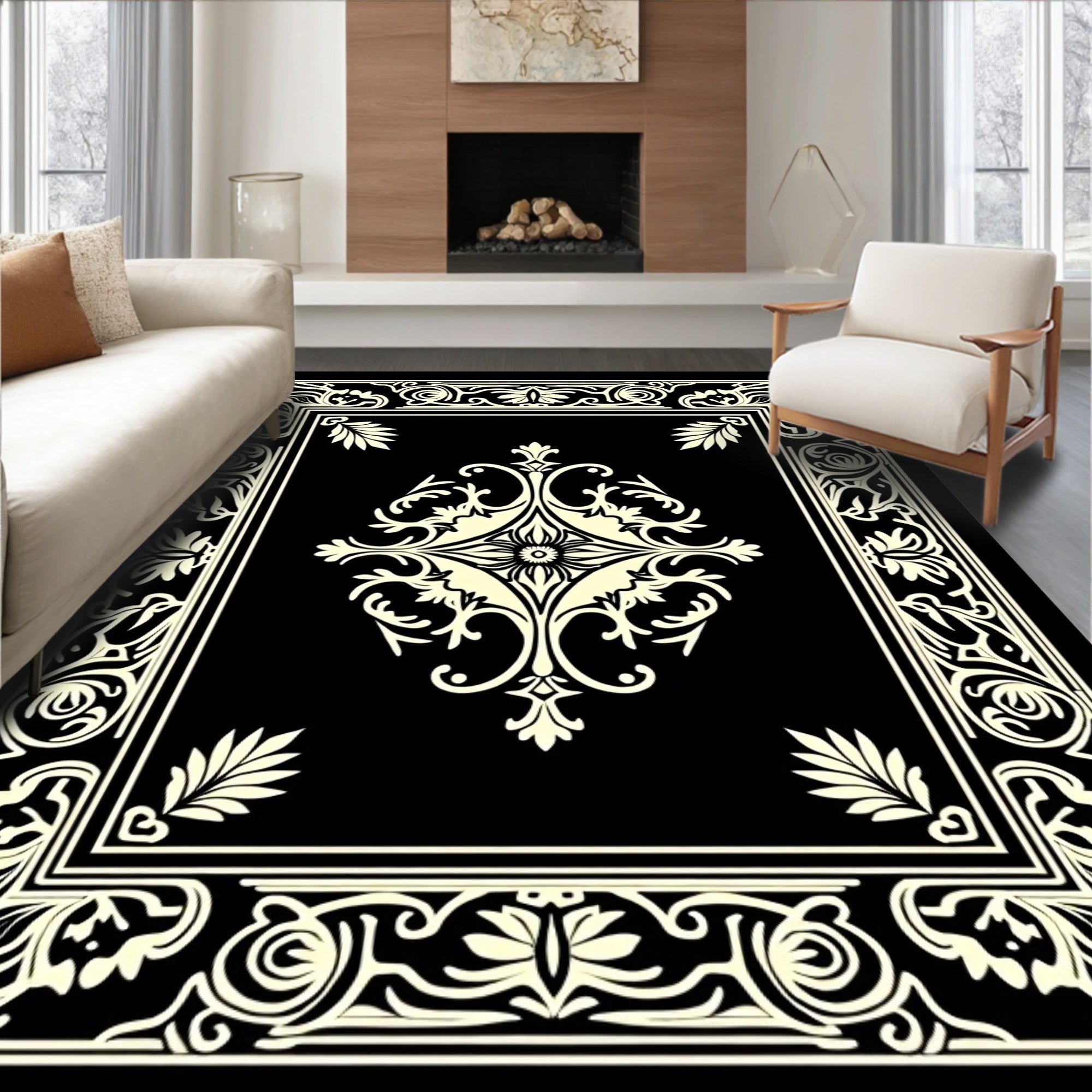 Black White Cream Scrollwork Medallion Border Rug