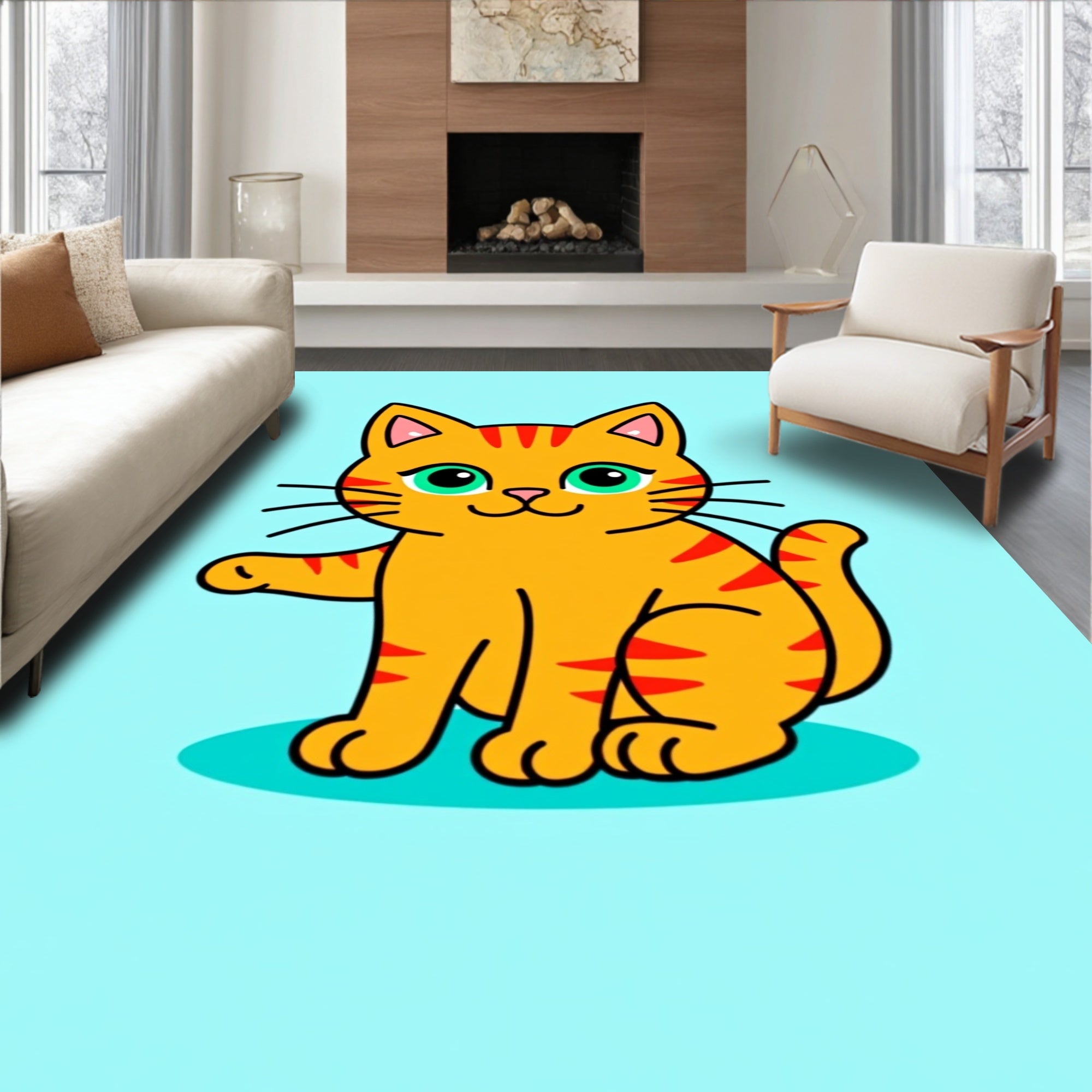 Whimsical Orange Cat With Green Eyes Rug
