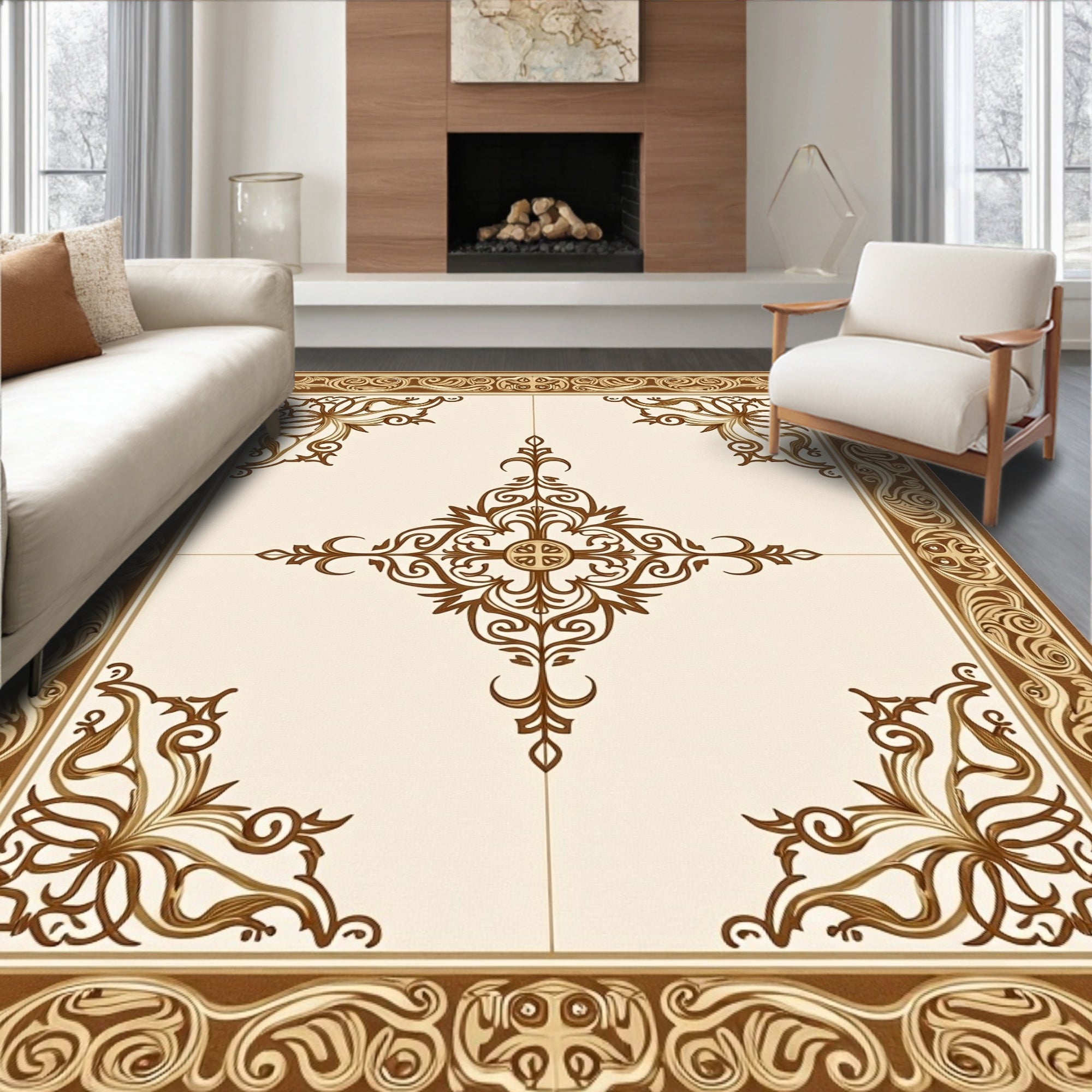Rich Brown Ornamental Border Framing Medallion Rug