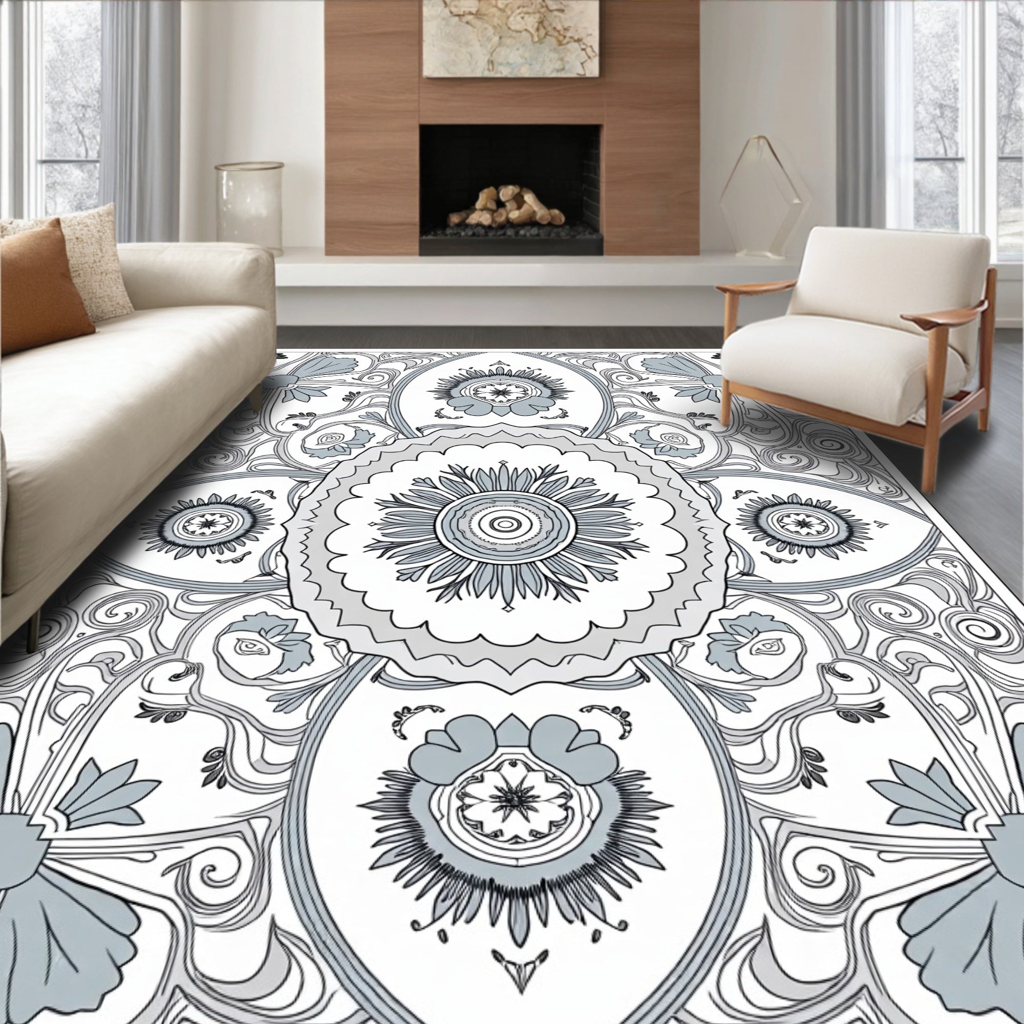 Ornate Slate Gray Floral Mandala Rug