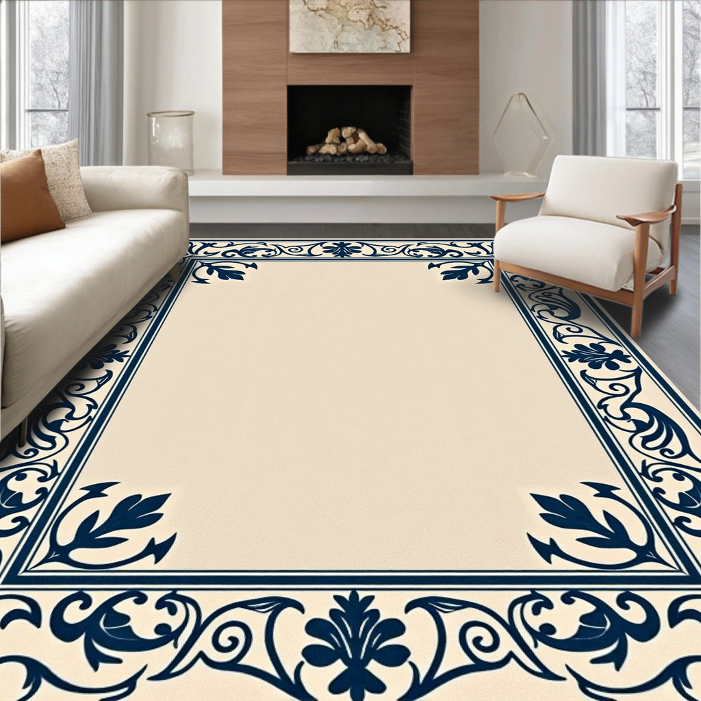 Navy Blue Ornate Floral Border Rug
