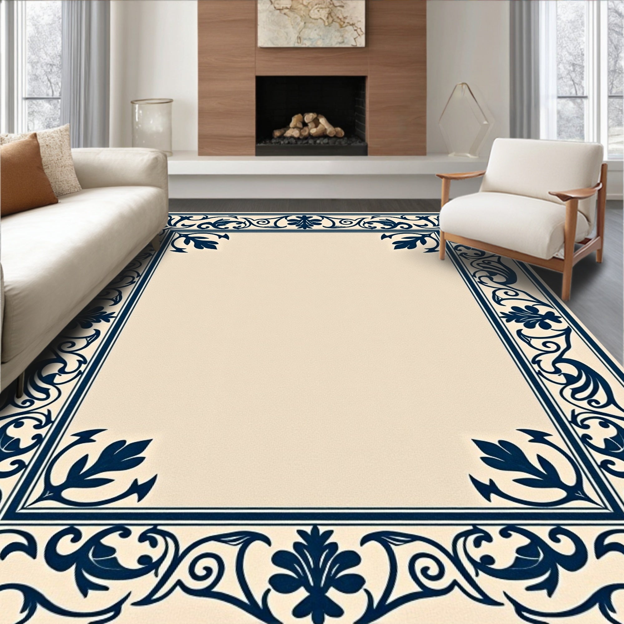 Navy Blue Ornate Floral Border Rug