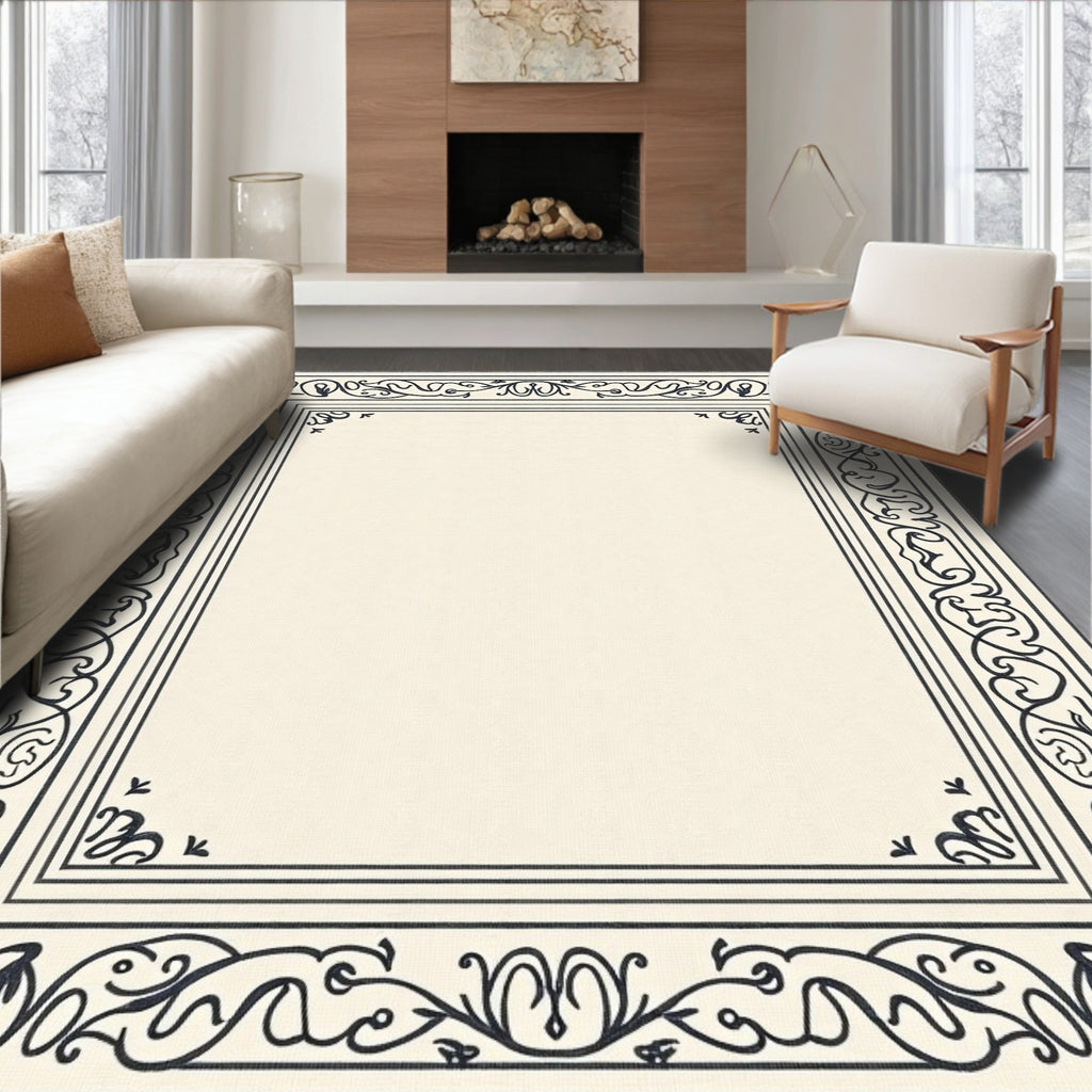 Classic Ivory Black Scroll Border Rug