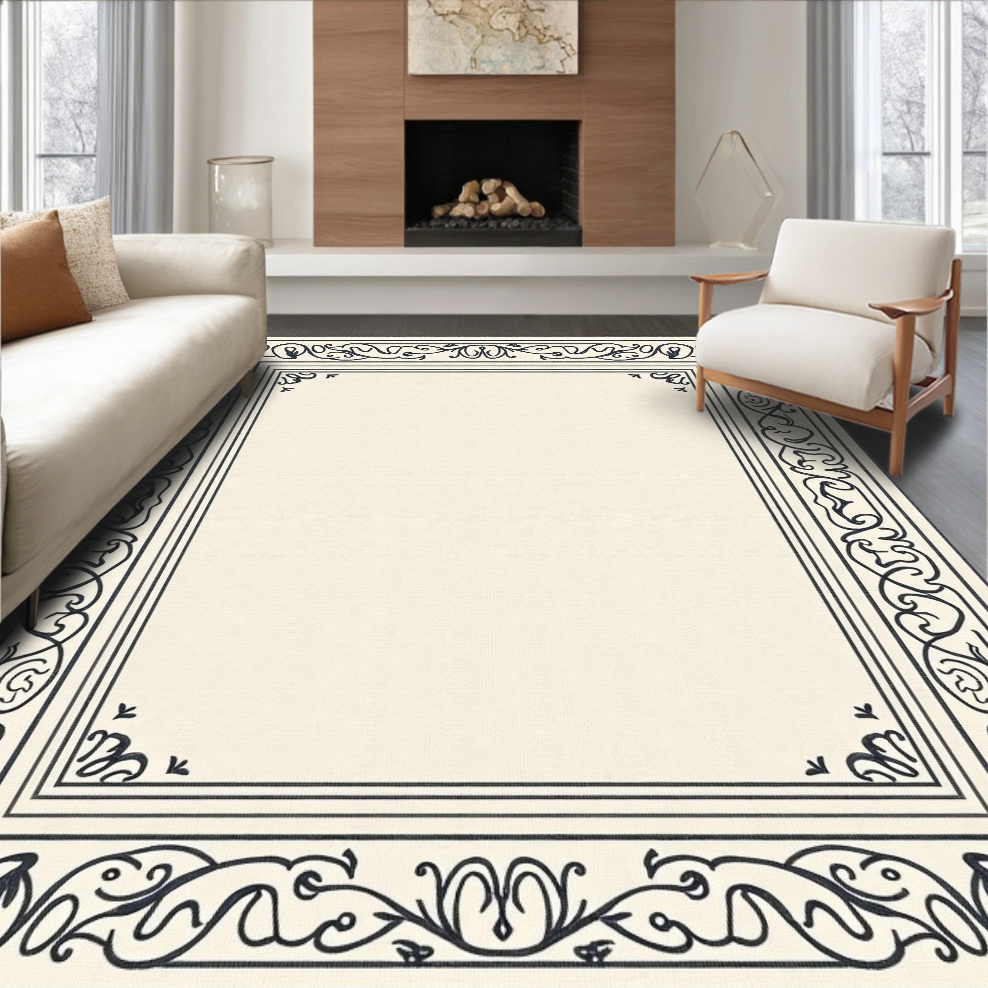 Classic Ivory Black Scroll Border Rug
