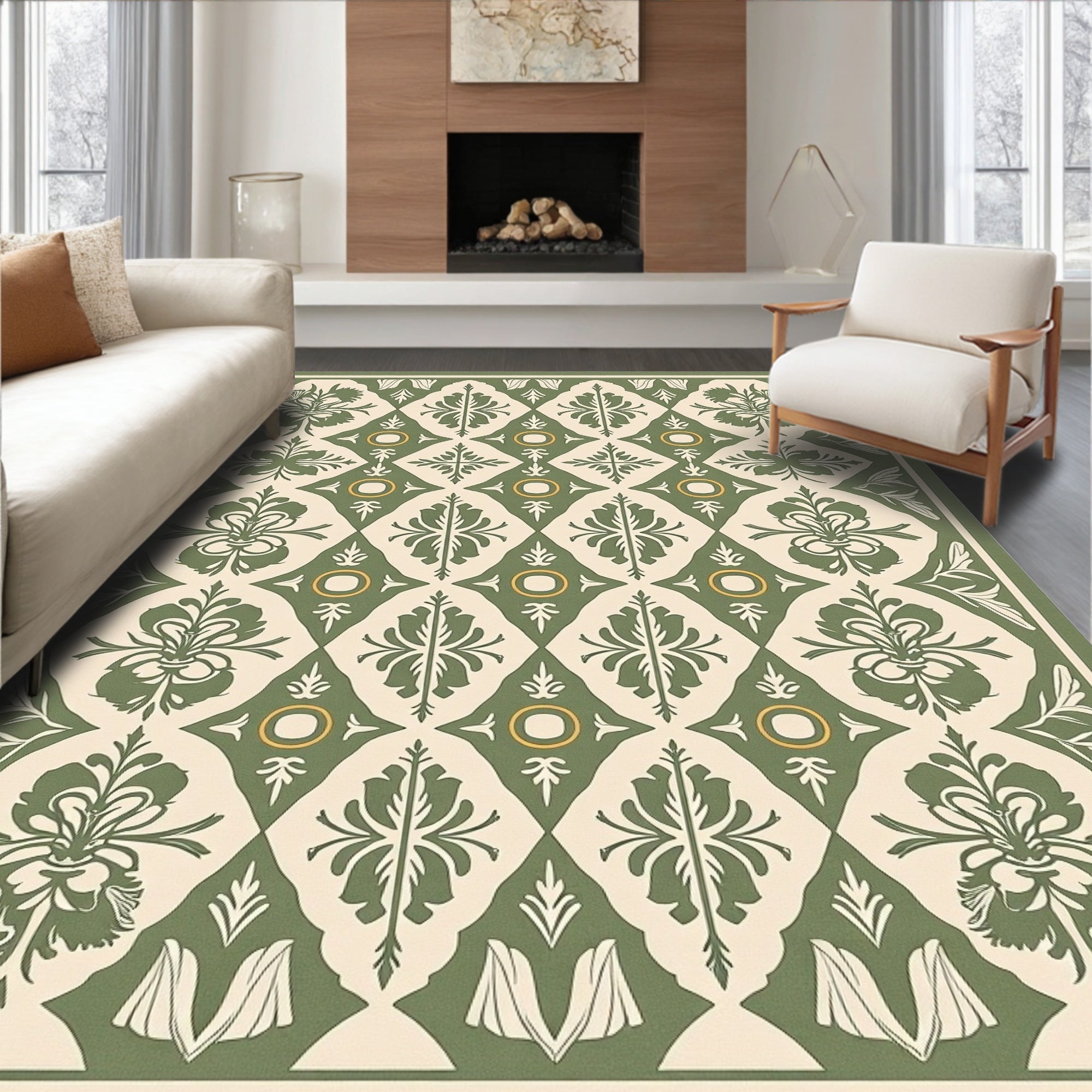 Ornate Green Floral Damask Diamond Rug
