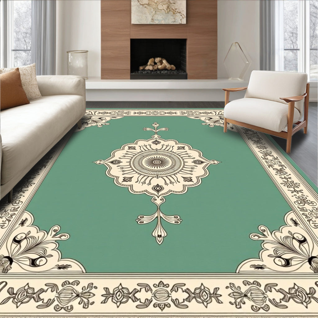 Elegant Teal Medallion Floral Border Rug