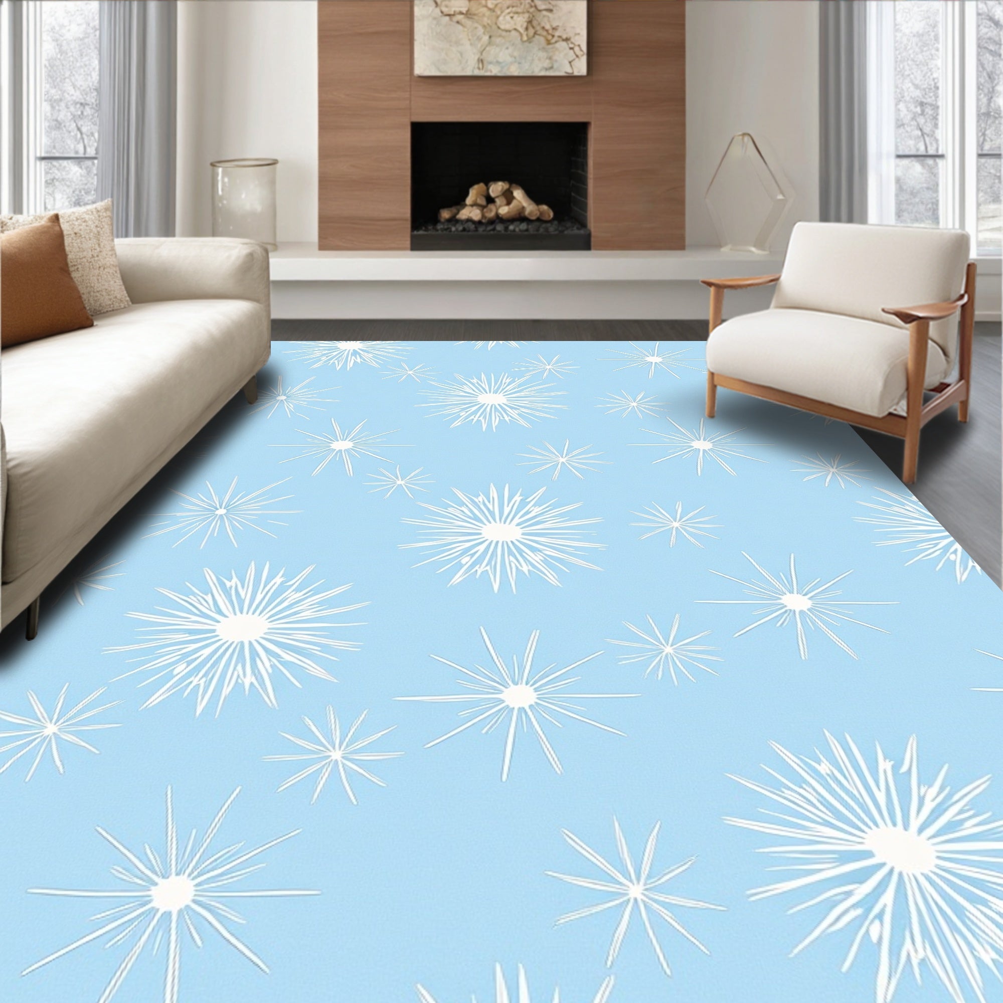 White Starbursts on Powder Blue Background Rug