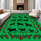 Green Red Floral Reindeer Christmas Rug