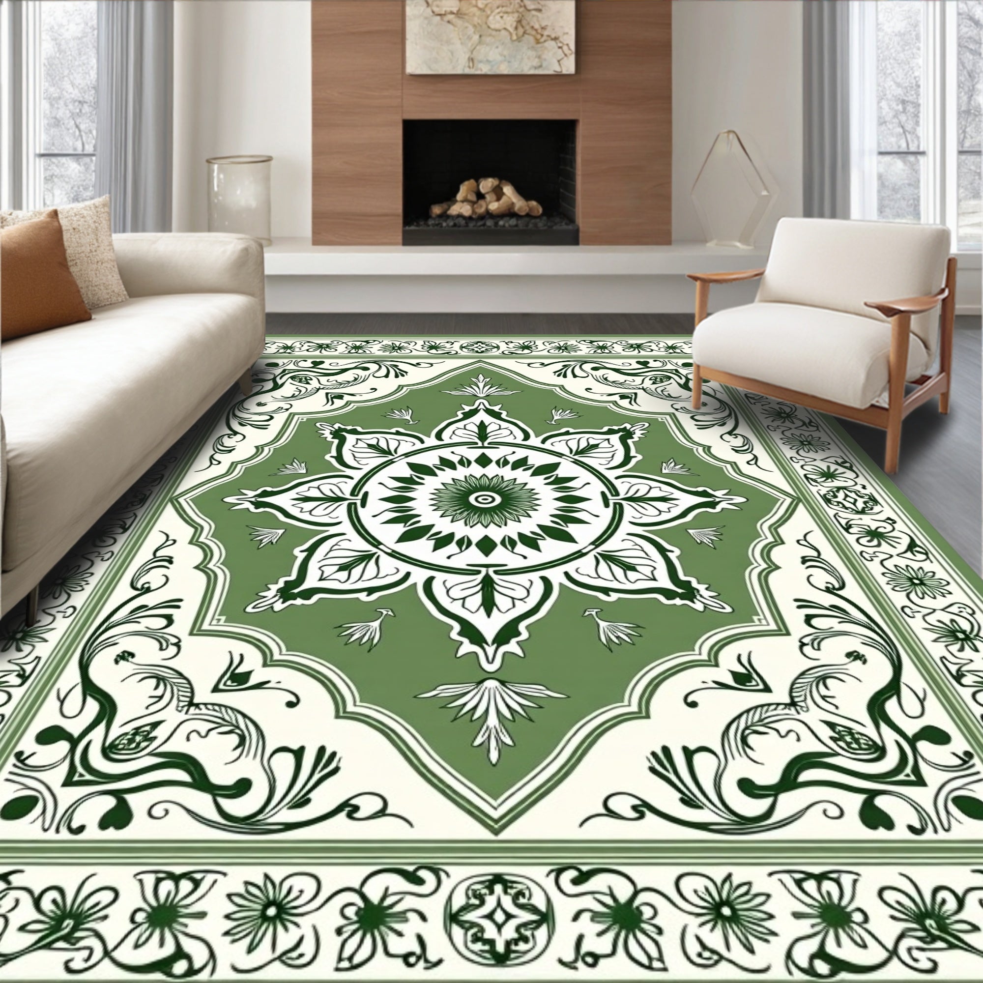 Verdant Bloom Bordered Central Crest Rug
