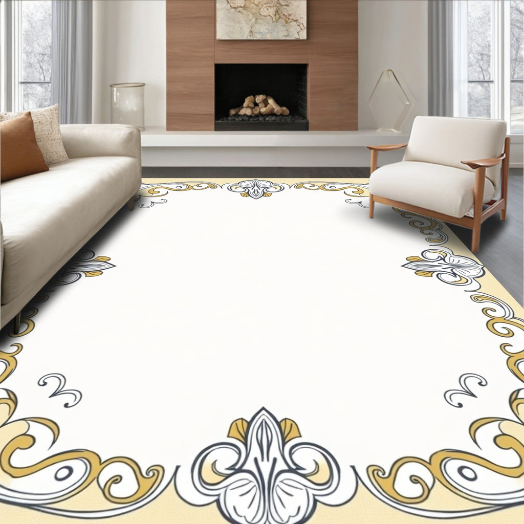 Ornate Yellow and Gray Flourish Border Rug