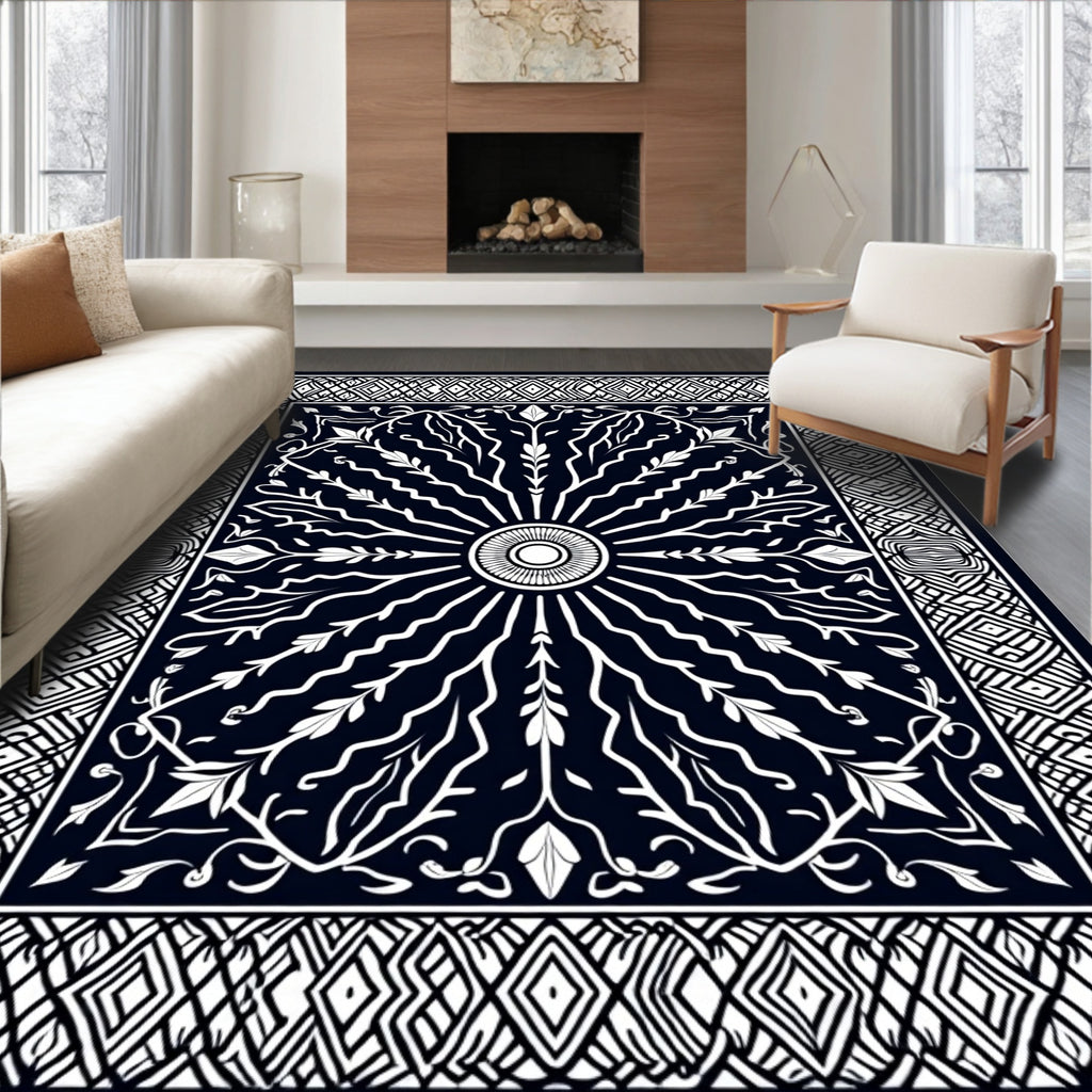 Dark Navy White Floral Sunburst Border Rug