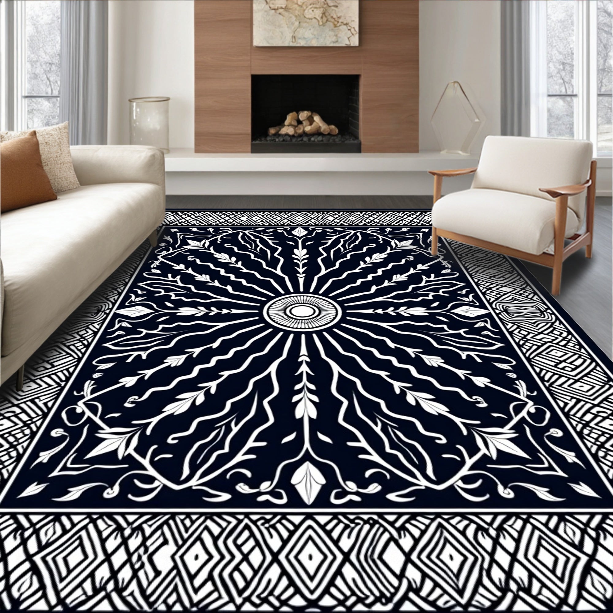 Dark Navy White Floral Sunburst Border Rug