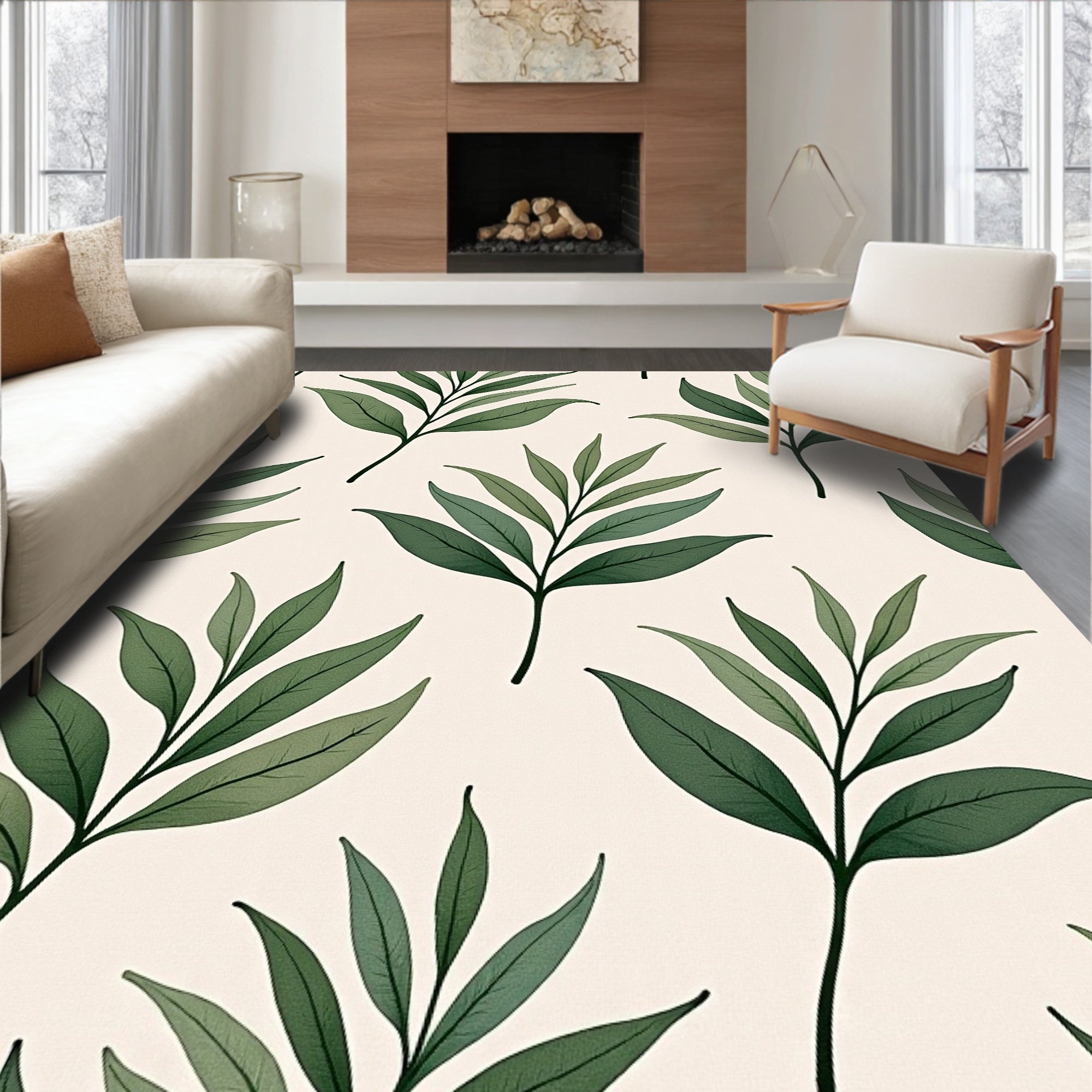 Delicate Green Leaf Branch Arrangement Rug