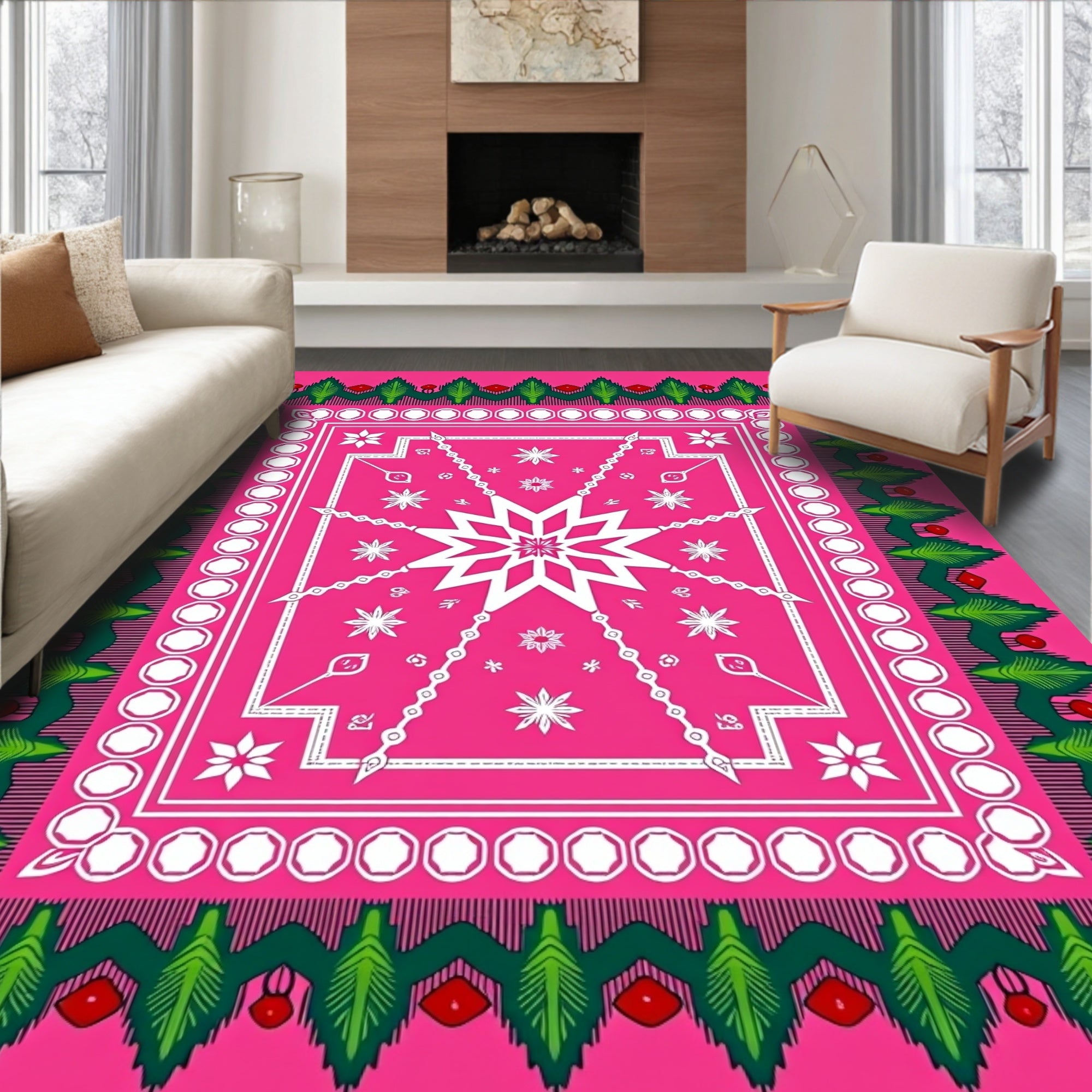 Hot Pink White Starburst Geometric Rug