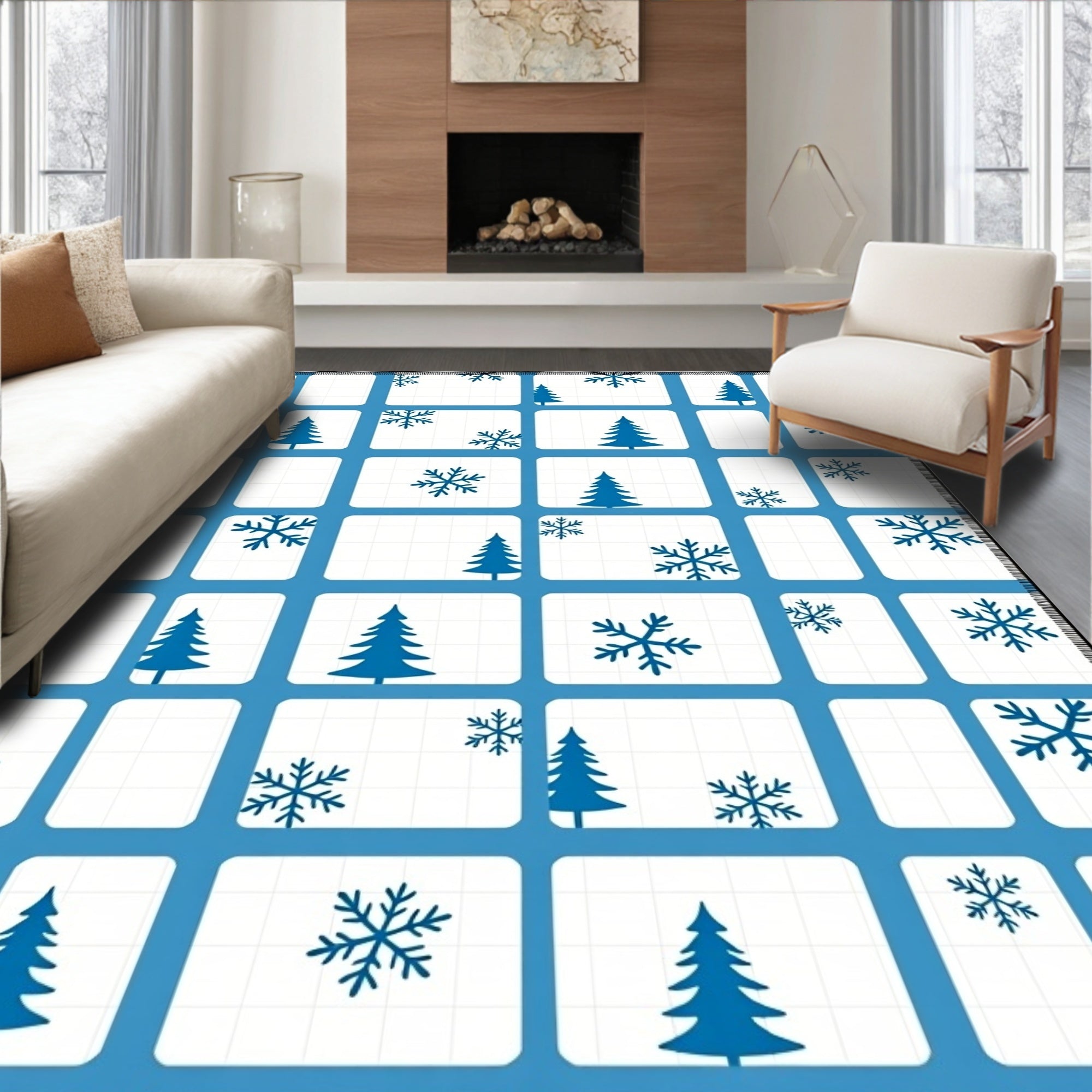 Blue Snowy Trees Snowflake Grid Rug