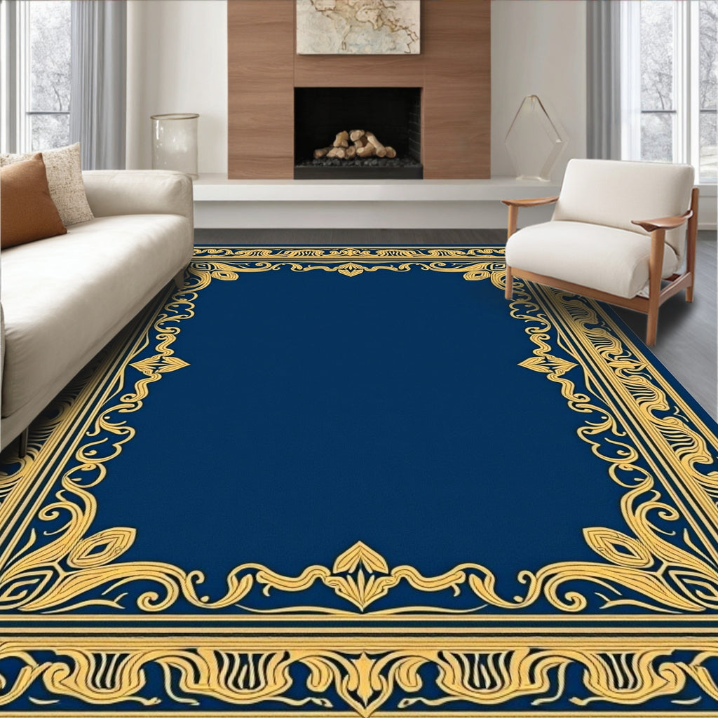 Elegant Navy Blue Golden Scroll Frame Rug