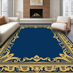 Elegant Navy Blue Golden Scroll Frame Rug