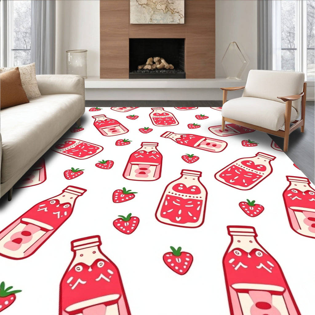 Pink Strawberry Milk Bottles And Fruit Rug