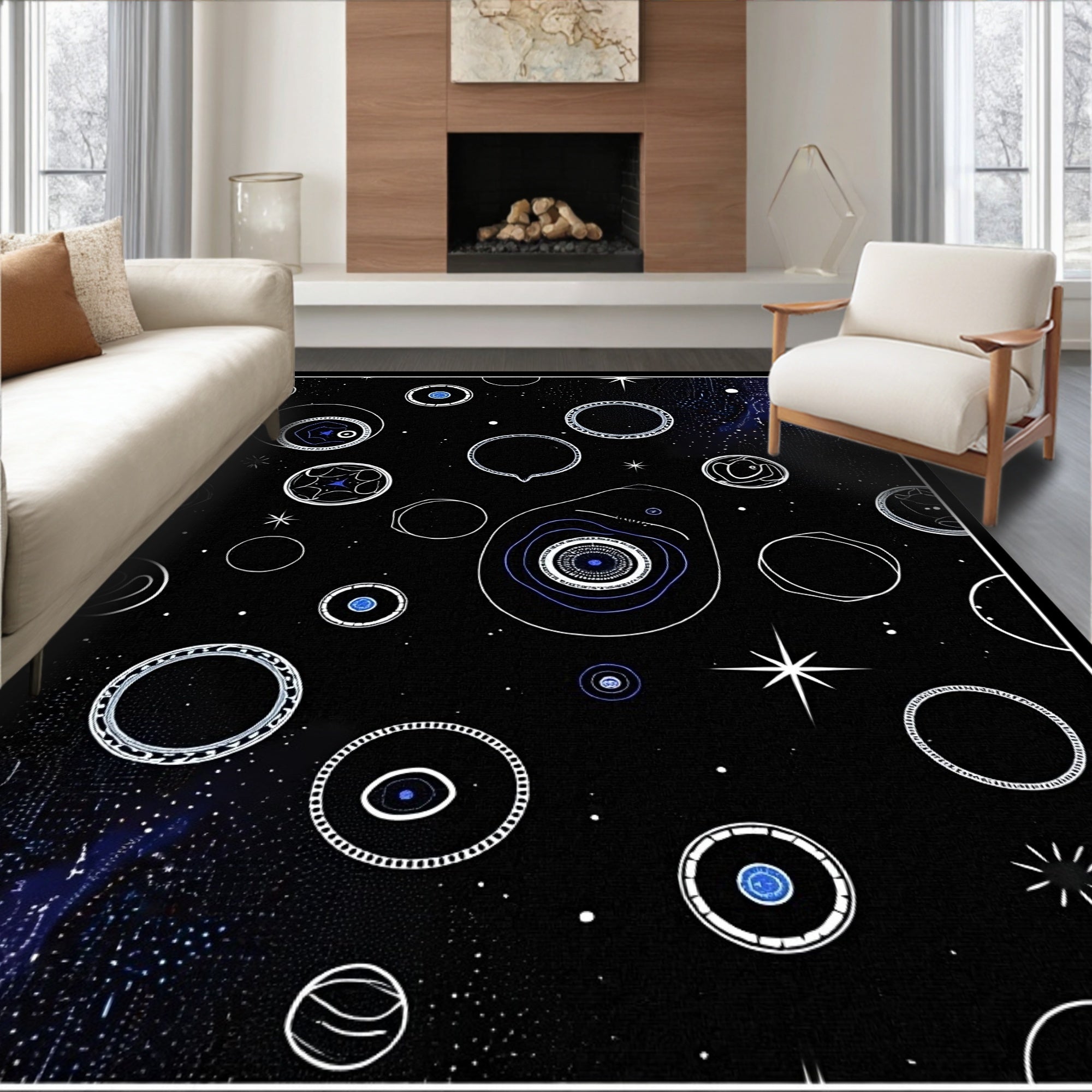 Cosmic Blue Abstract Celestial Circles Rug