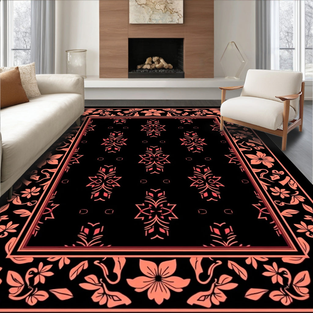 Coral Floral Bordered Black Rug